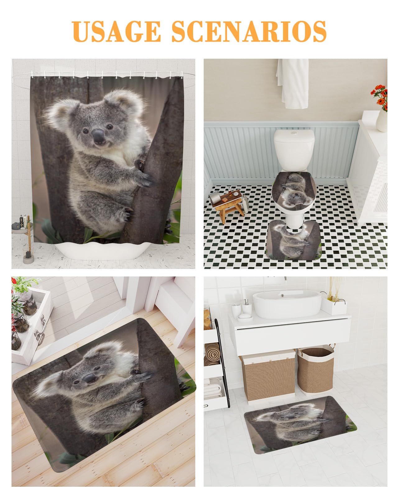 4 Pcs Koala Bear Shower Curtain Set - Waterproof Bathroom Decor with Non-Slip Rugs, Toilet Lid Cover & Bath Mat, 72x72 Inch Large Wild Animal Theme - Perfect for Kids' Bathroom, Nursery or Jungle-Themed Home Decor