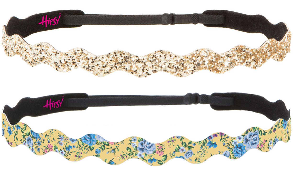 Hipsy Women's Adjustable No-Slip Wave Country Flower Headbands - 2 Pack (Wave Yellow & Gold Glitter) - Perfect for Yoga, Running, Workouts and Fashion Accessories