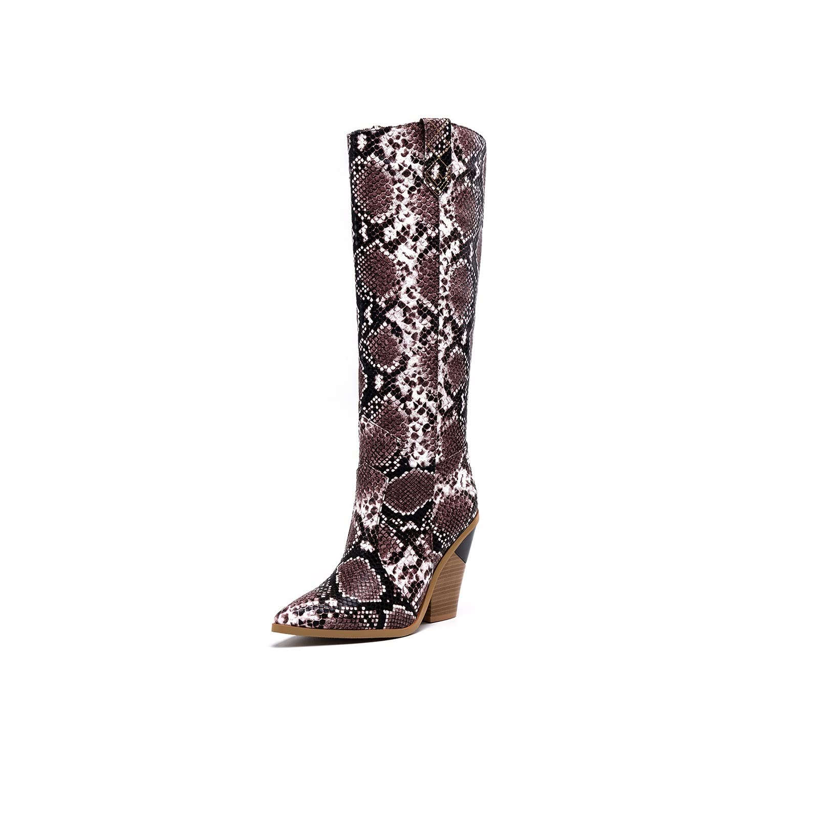 FiveShops Women's Fashion Boots - Retro Snake Print Pointed Toe Chunky Heel Knee High Boots for Ladies (Available in Plus Sizes) | Stylish Fall & Winter Boots for Work, Dating & Night Out