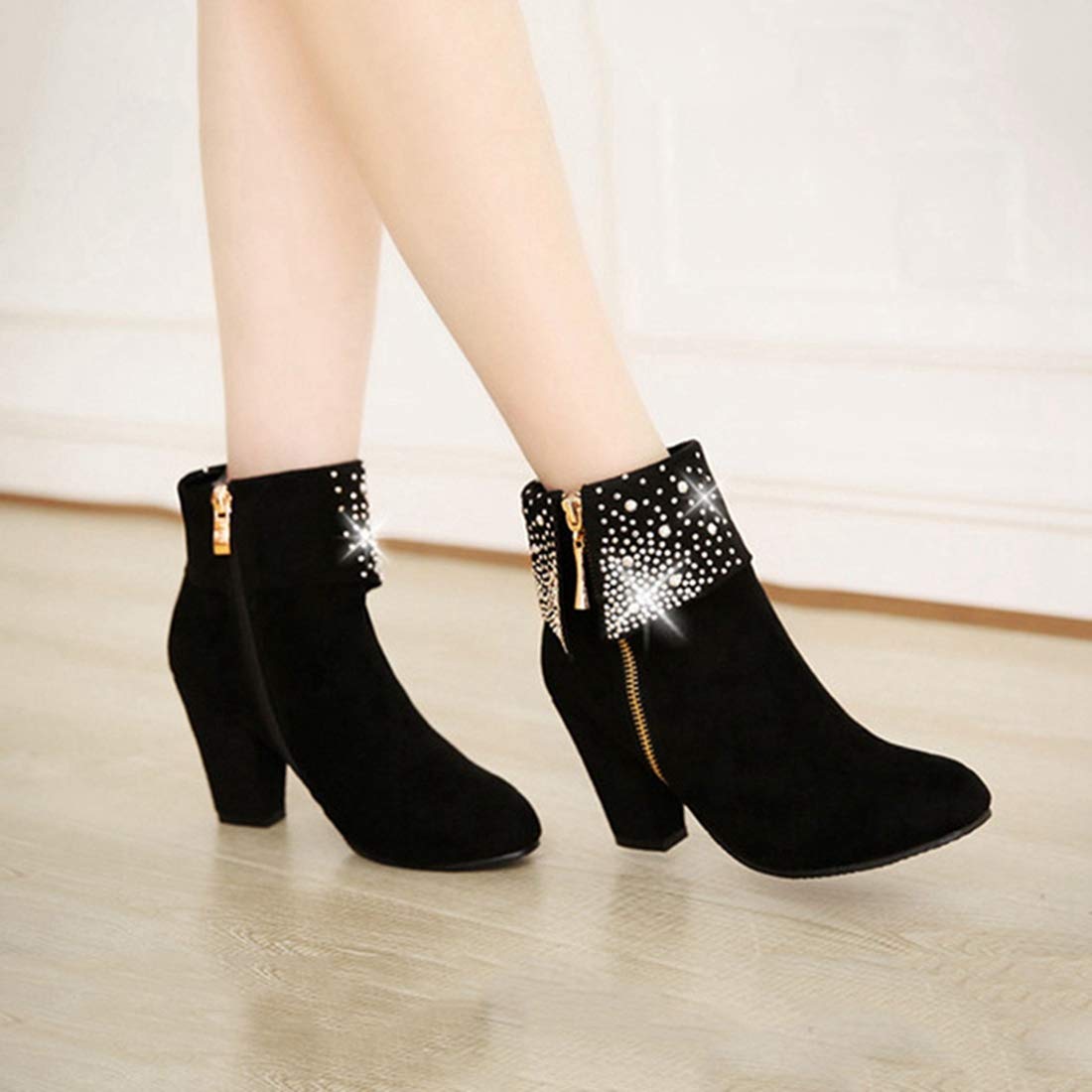 VOKLIN Women's Chunky Block Heel Ankle Boots - Round Toe Suede Booties with Rhinestone Details & Side Zipper - Perfect for Party, Office & Night Out (Black, Size 7)