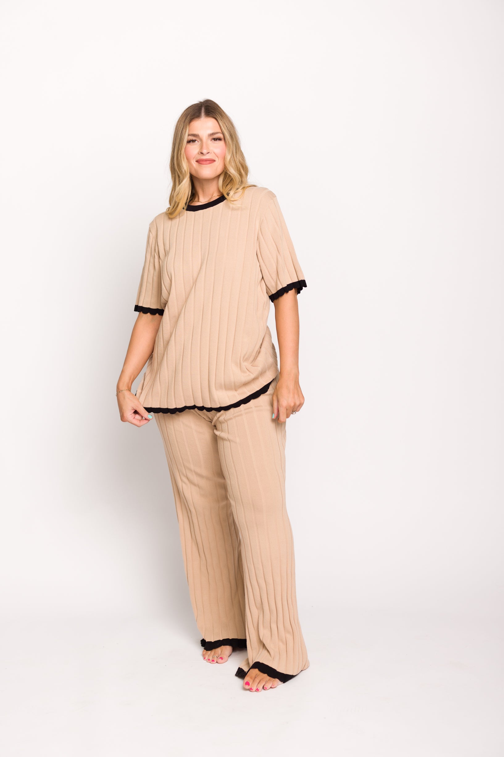 Adele Ribbed Knit Top and Pants Set in Light Taupe - Women's Casual Outfit for Fall & Winter | Perfect for Work, Date Night & Weekend Wear