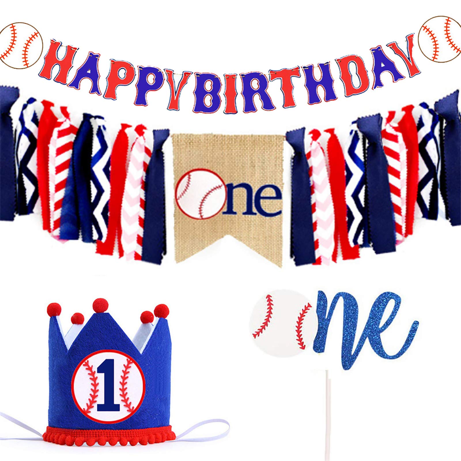 Baseball Happy Birthday Banner - Baseball Highchair Banner, Cake Topper & Birthday Crown | Handmade Baseball Theme First Birthday Party Decor for Baby Showers, Gender Reveals & Sports Themed Celebrations - Perfect for Baseball Lovers' Birthday Parties, Nursery Decorations and Sports Fan Events