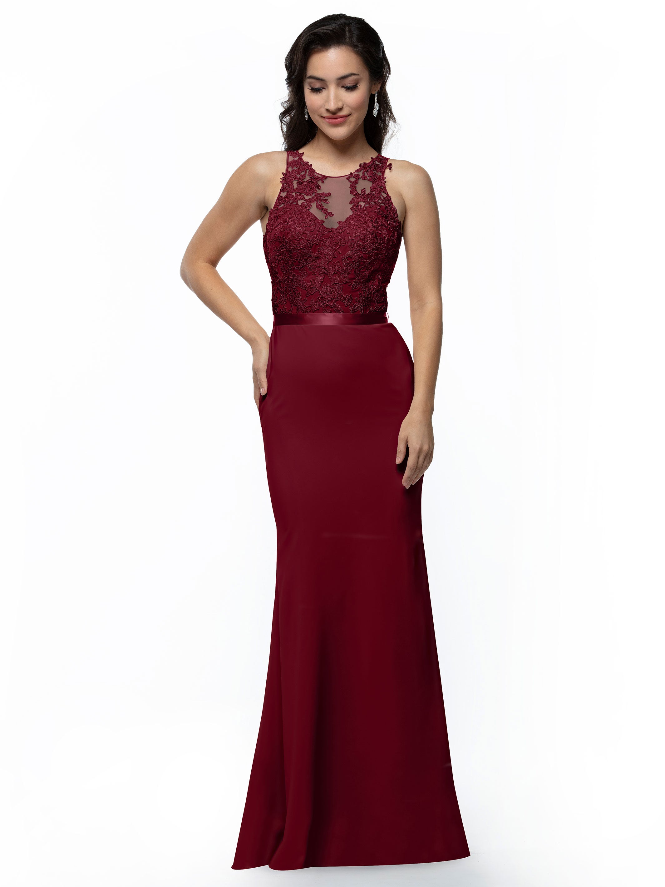 Elegant 80095 Stretch Chiffon Fit and Flare Bridesmaid Dress with Lace Illusion Bodice - Perfect for Weddings, Formal Events & Special Occasions