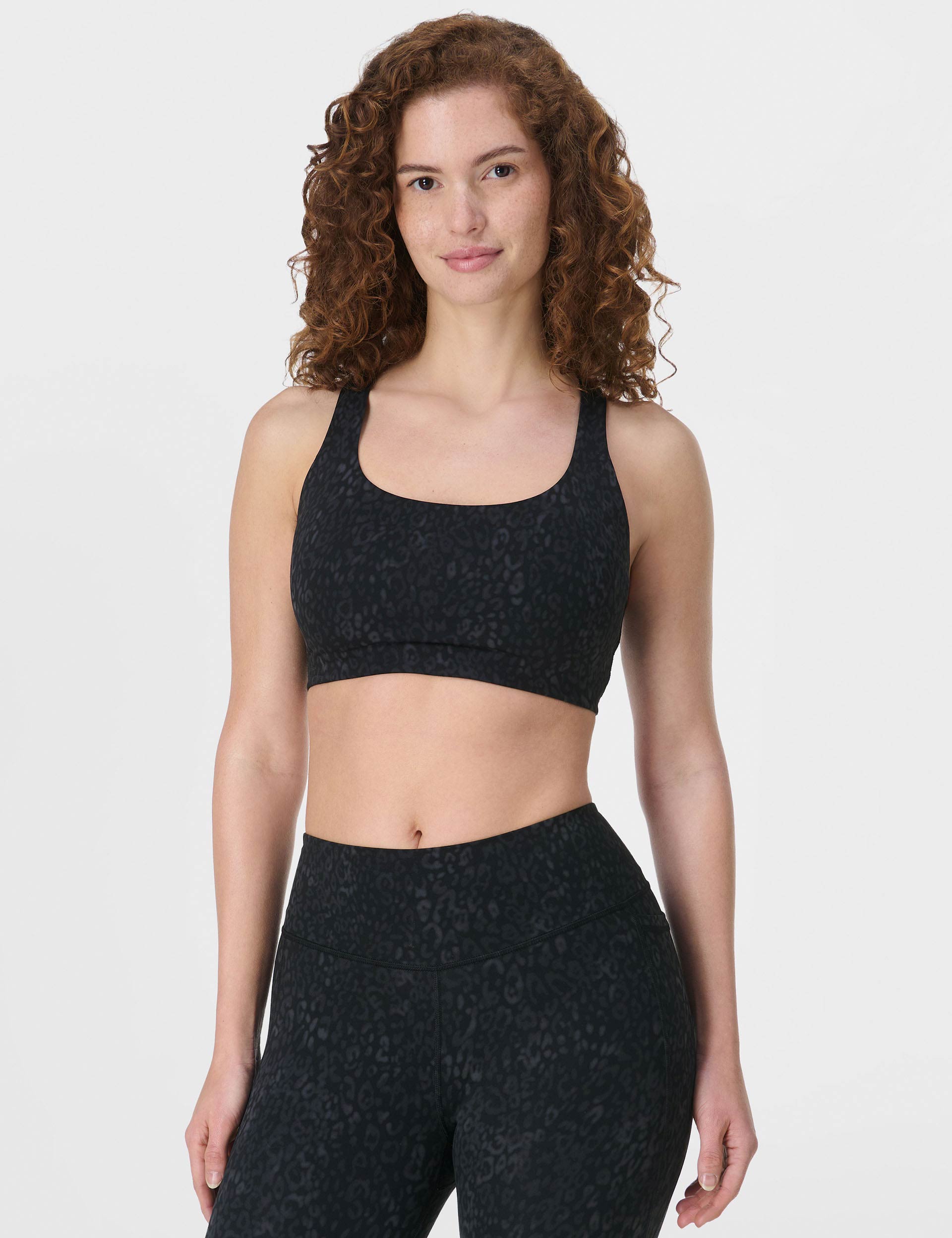 Ultimate Studio Racerback Sports Bra - Black Panther Print for Women | High Support Workout Top for Yoga, Running & Gym