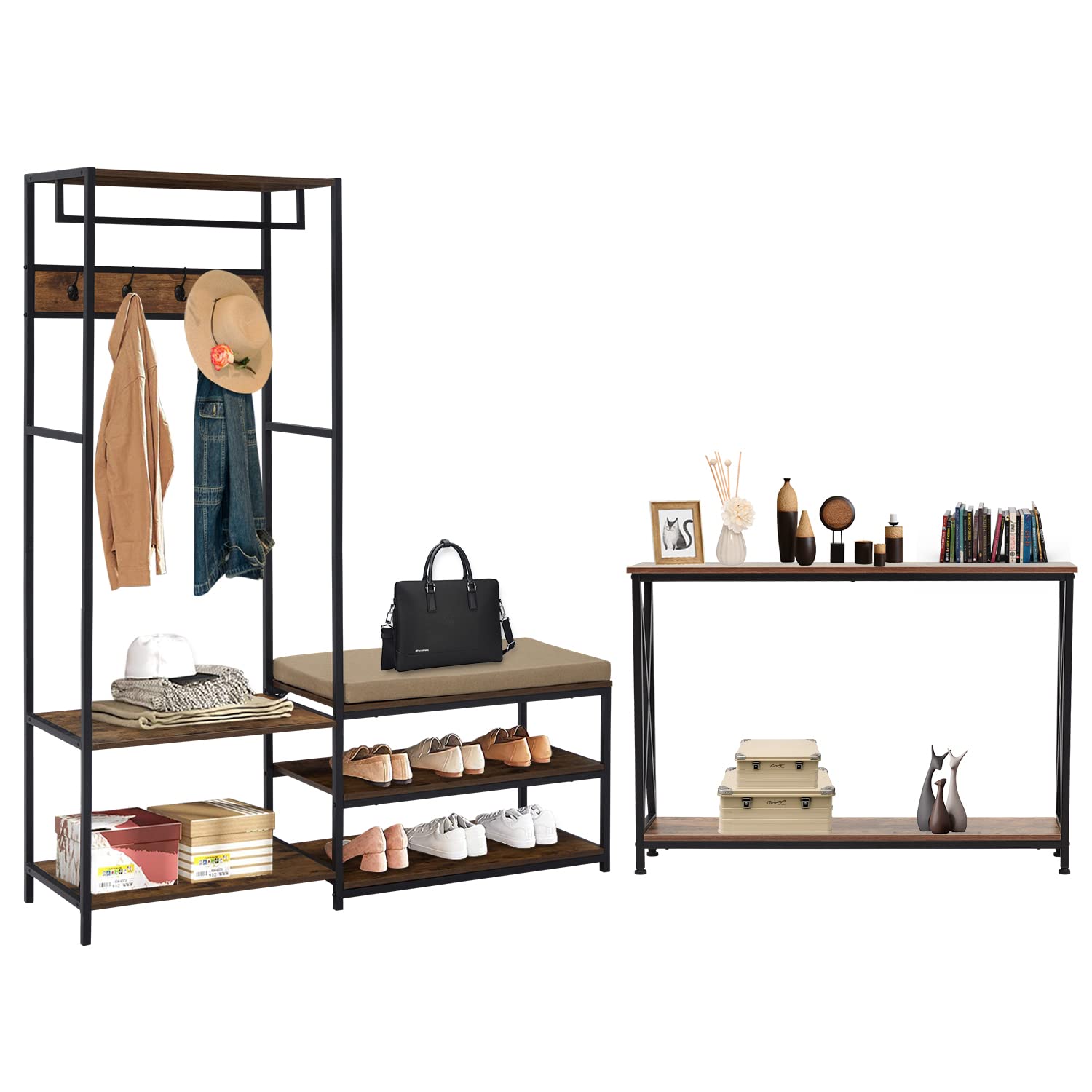 Kinsuite Industrial Style Hall Tree with Shoe Bench & Entry Table - Freestanding Garment Rack for Bedroom & Entryway Organization - Brown Entryway Furniture for Small Spaces & Apartment Living