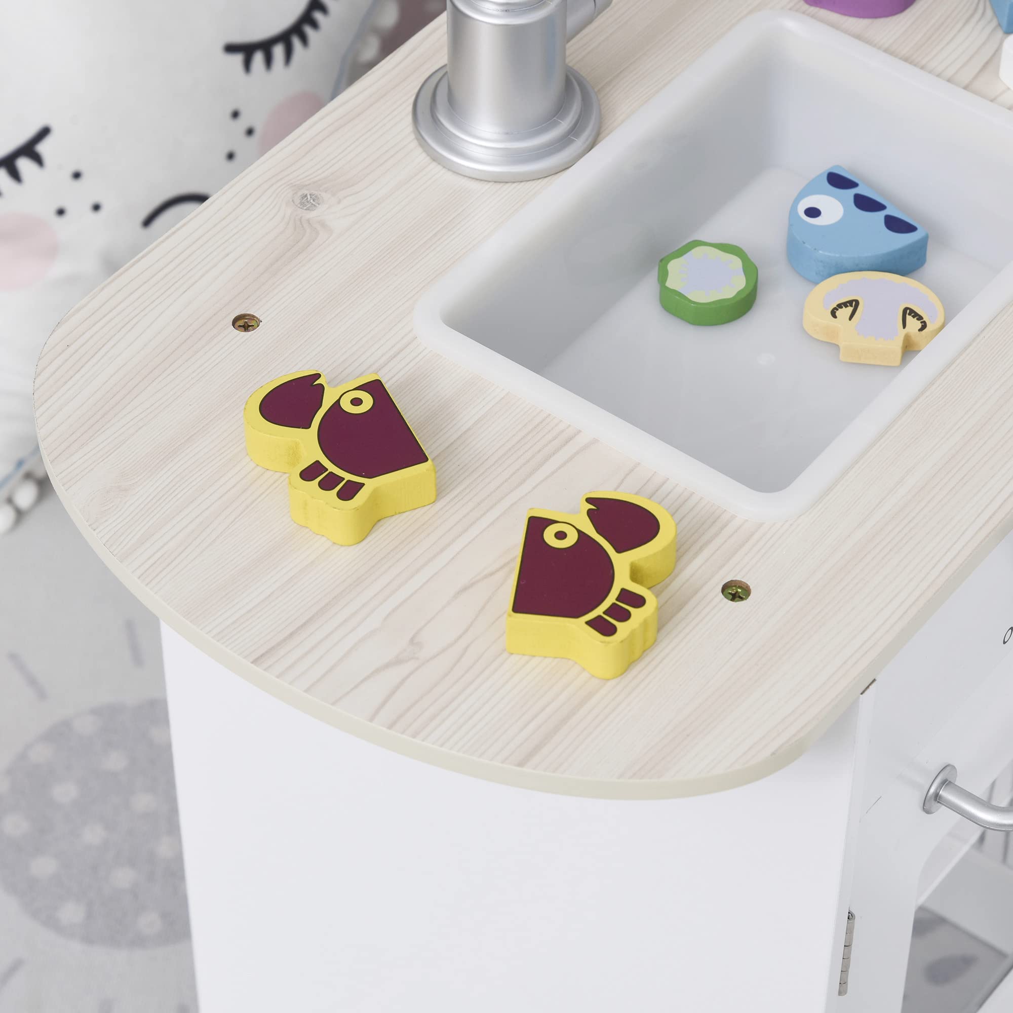 Qaba Corner Kids Wooden Pretend Kitchen Playset with Drinking Fountain, Microwave, Fridge & Accessories - Durable Toy Kitchen for Ages 3+ in White - Perfect for Home, Preschool & Playroom Pretend Play