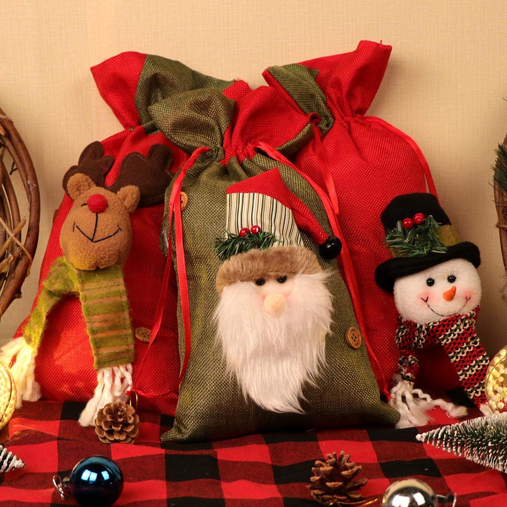 OurWarm 3D Santa Claus Snowman Reindeer Christmas Gift Bags Bulk - 15x8 Inch Large Drawstring Burlap Sacks, Reusable Xmas Party Treat Goody Bags for Holiday Gifting, Stocking Stuffers & Festive Decorations