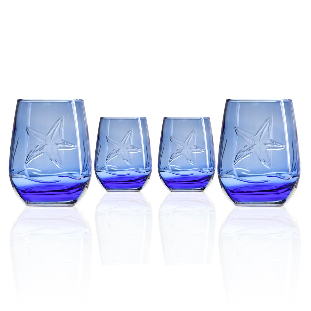 Starfish 15oz Blue Stemless Wine Tumbler Glass Set of 4 - Perfect for Parties, Weddings, and Outdoor Gatherings