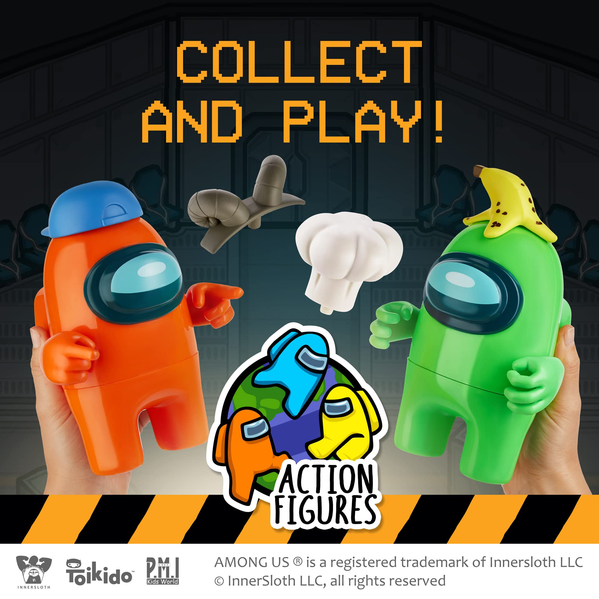 P.M.I. Among Us Action Figures - Set of 2 (Green & Orange) 7-Inch Collectible Crewmates with 6 Accessories (Hats & Hands) | Playable Mini Toys for Kids | Perfect for Birthday Gifts, Game Nights & Among Us Fans Collection