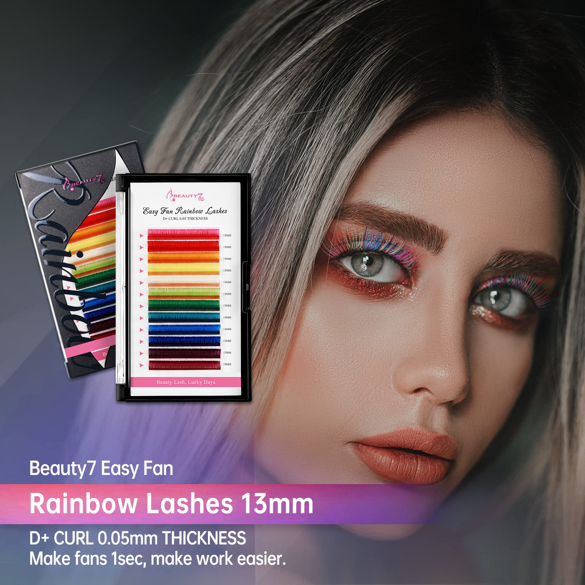 Beauty7 Rainbow Colored Lash Extensions - 12 Vibrant Shades, Self-Fanning Ombre Lashes, D+ Curl, 0.05mm Ultra-Thin, 13mm Dramatic Length | Perfect for Parties, Halloween, Cosplay & Bold Makeup Looks