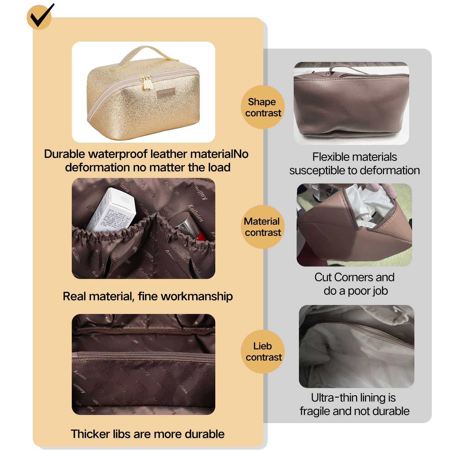 2-Pack Large Travel Makeup Bag Organizer for Women - PU Leather Cosmetic & Toiletry Bag with Divider & Handle (10×5×5 inches, Gold) - Perfect for Vacation, Business Trips & Gym Essentials
