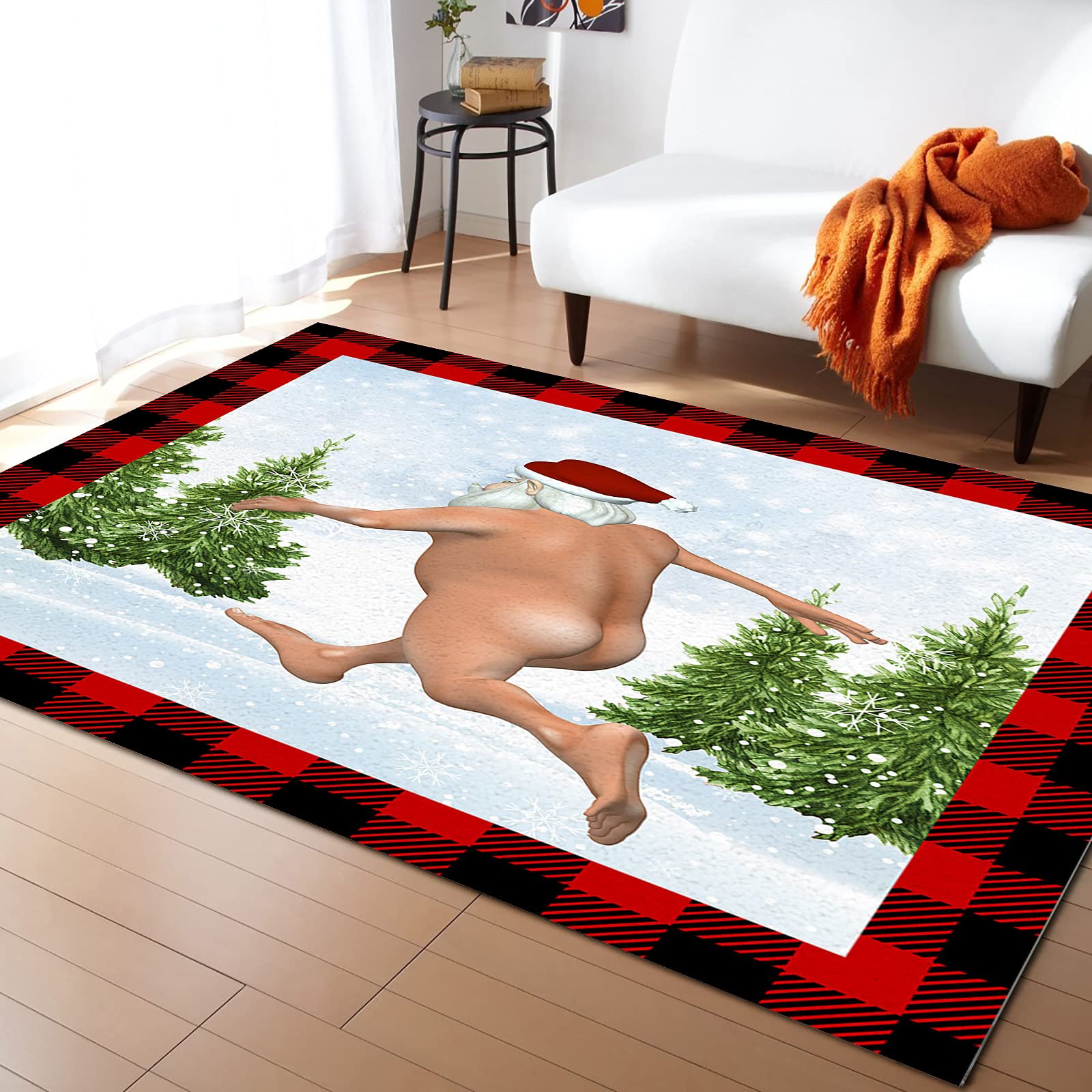 LEOSUCRE 5' x 8' Christmas Plaid Area Rug - Non-Slip Holiday Throw Carpet for Living Room, Bedroom, Nursery | Santa Claus & Xmas Tree Design - Perfect for Winter Decor, Gift Giving & Cozy Home Atmosphere