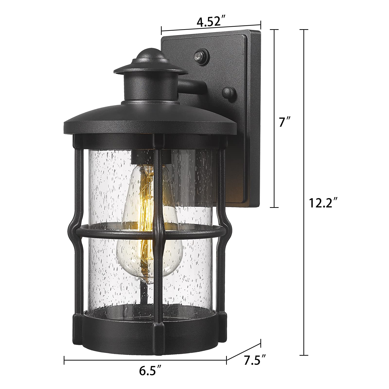 Outdoor Wall Sconces 2 Pack - Dusk to Dawn Exterior Wall Mount Lighting with Seeded Glass & Black Finish - Perfect for Porch, Patio, Garden, and Entryway Lighting