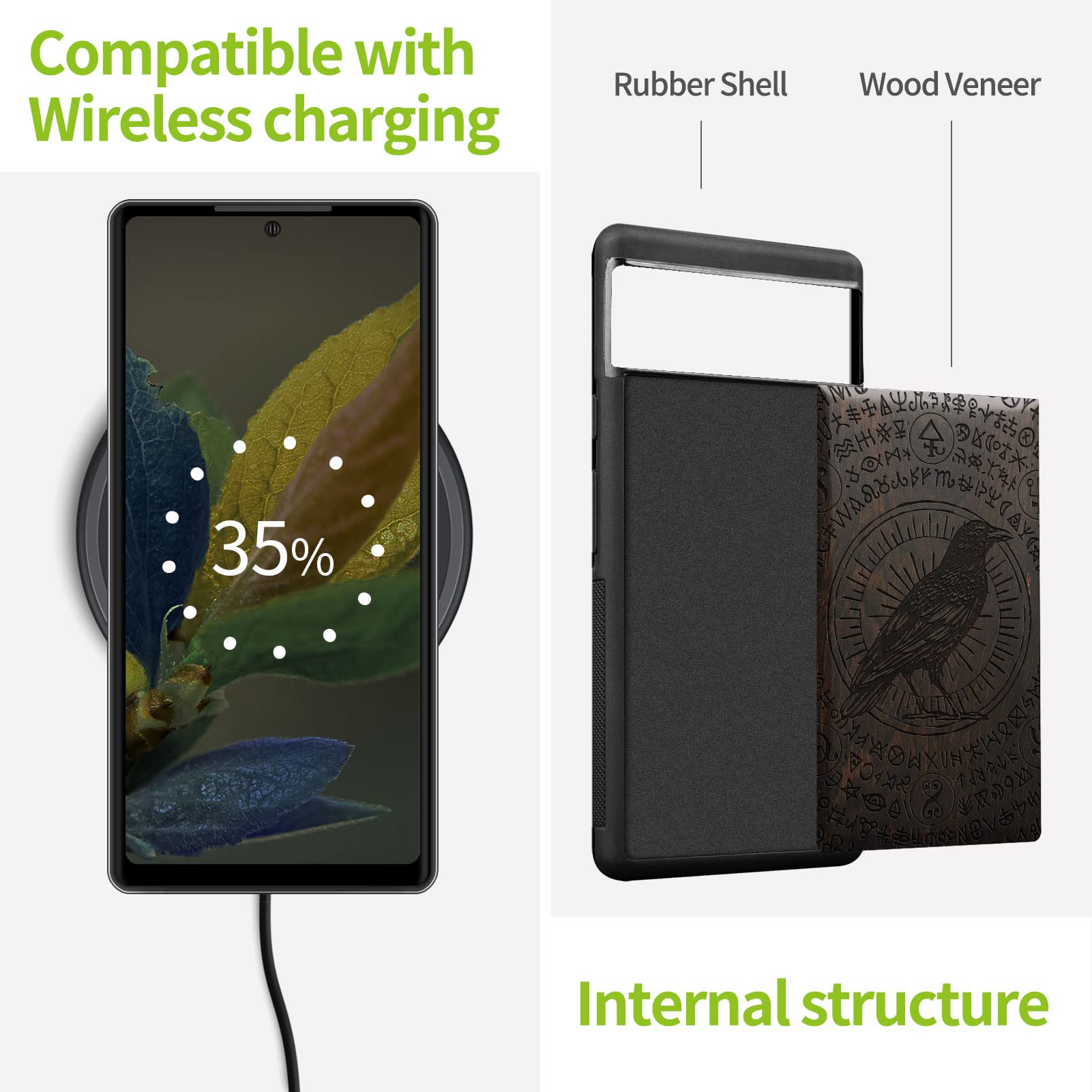 Carveit Wooden Case for Google Pixel 6 (2021) - Natural Wood & Black TPU Shockproof Protective Cover - Witchcraft Raven-Blackwood Design - Perfect for Outdoor Adventures & Everyday Protection