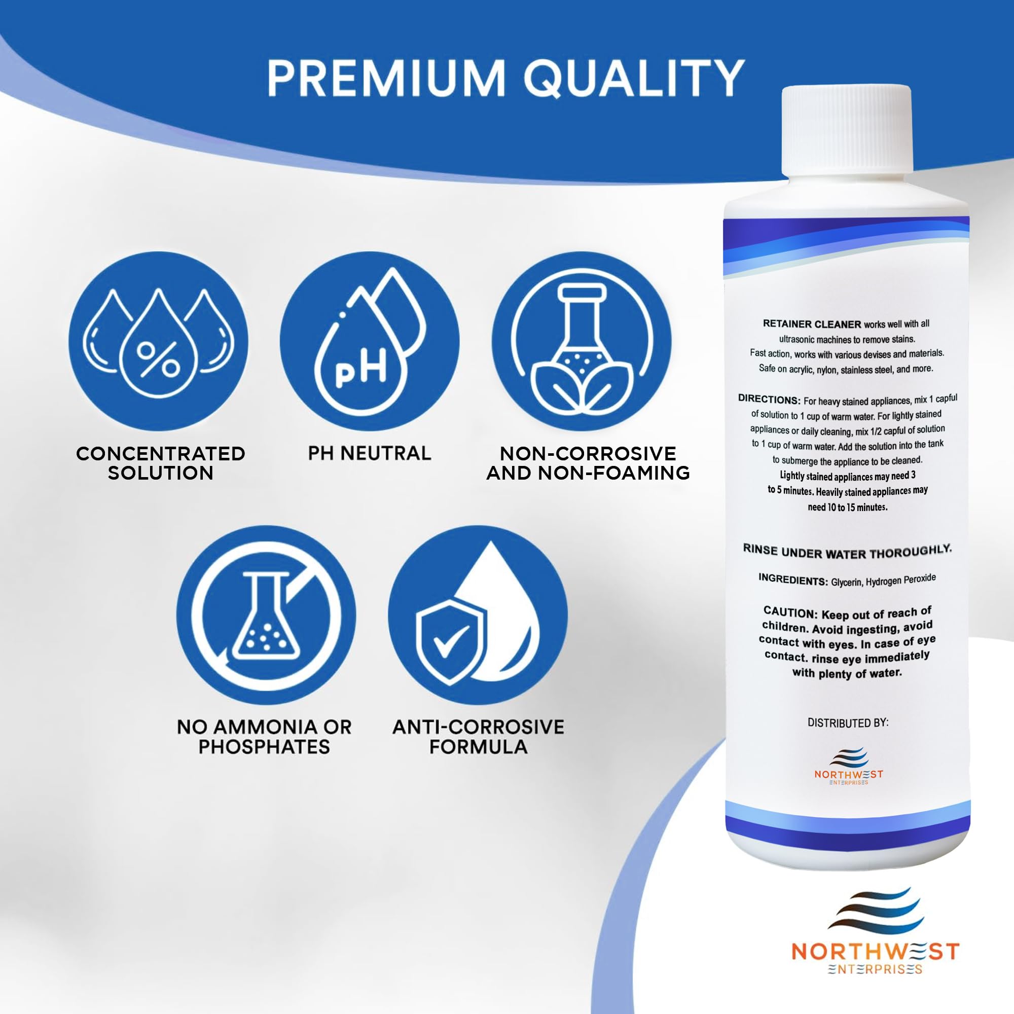 Premium Ultrasonic Retainer & Denture Cleaner Solution Concentrate (16 oz) - Removes Odor, Stains & Discoloration - Safe for Mouthguards, Invisalign, Night Guards - Ideal for Daily Dental Appliance Cleaning at Home