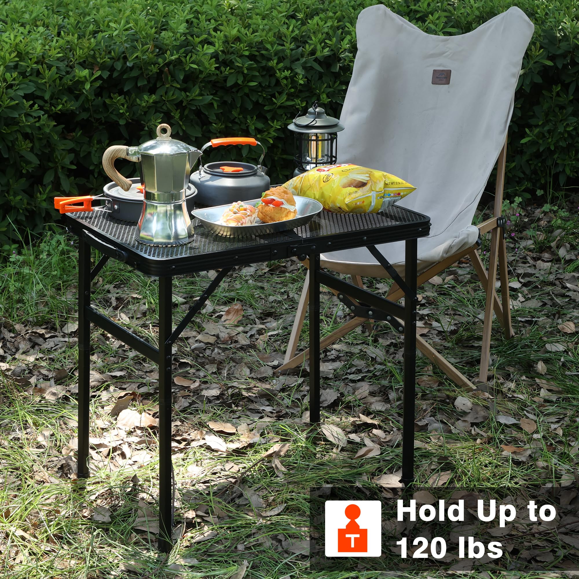 **2x1.3 FT Portable Folding Camping Table - Lightweight Adjustable Height Metal Grill Table with Mesh Desktop & Carry Bag - Perfect for Outdoor Camping, Picnic, Beach & BBQ (Black)**    *(Use Cases: Ideal for camping trips, backyard BBQs, beach outings, picnics, tailgating, and outdoor dining.)*