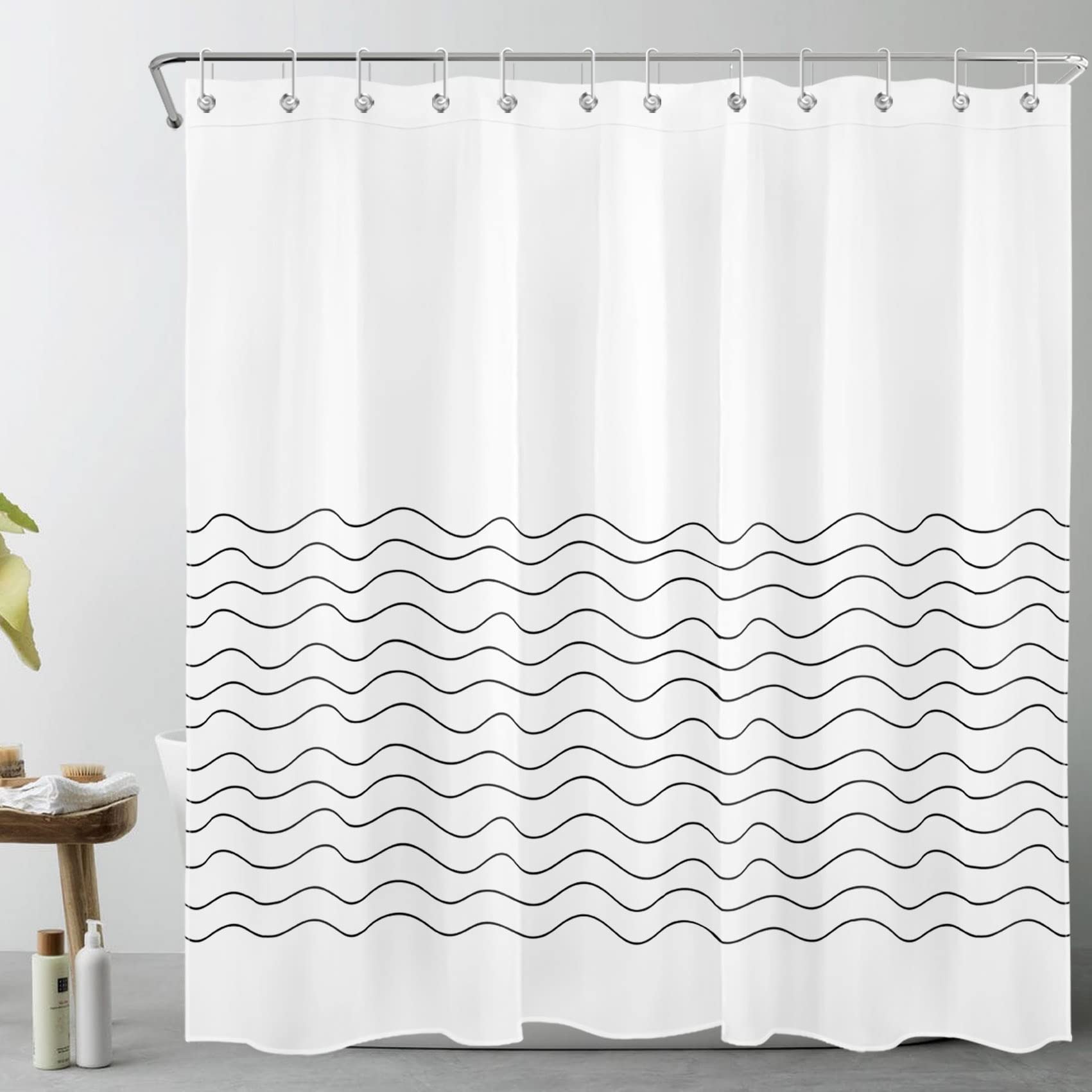 HVEST Black and White Wave Stripe Shower Curtain - Minimalist Boho Bathroom Decor with Hooks, 72x78 Inch Polyester Fabric Bath Accessories for Modern, Coastal or Scandinavian Style Bathrooms