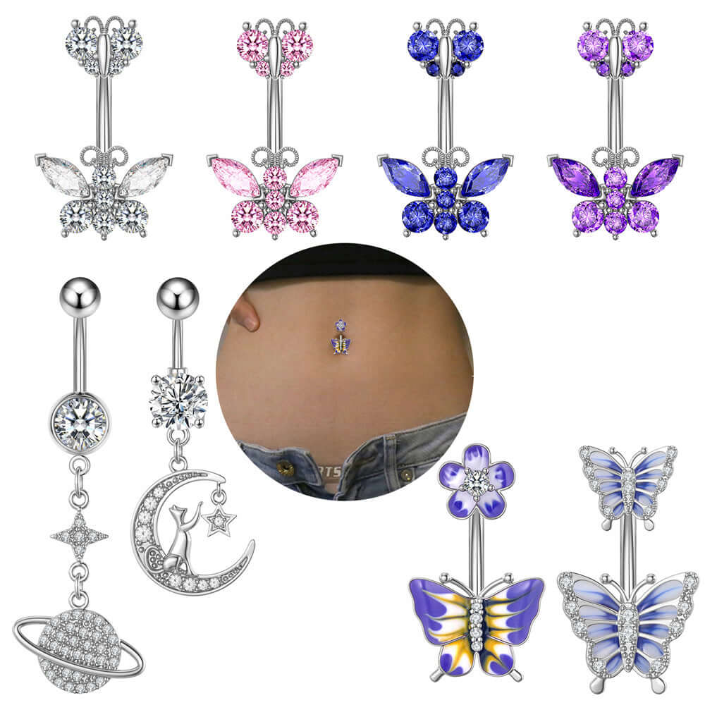 14G Purple CZ Butterfly Double Mount Dangle Belly Button Ring | WH2560 - Stylish Body Jewelry for Women, Perfect for Parties, Beach & Summer Outfits