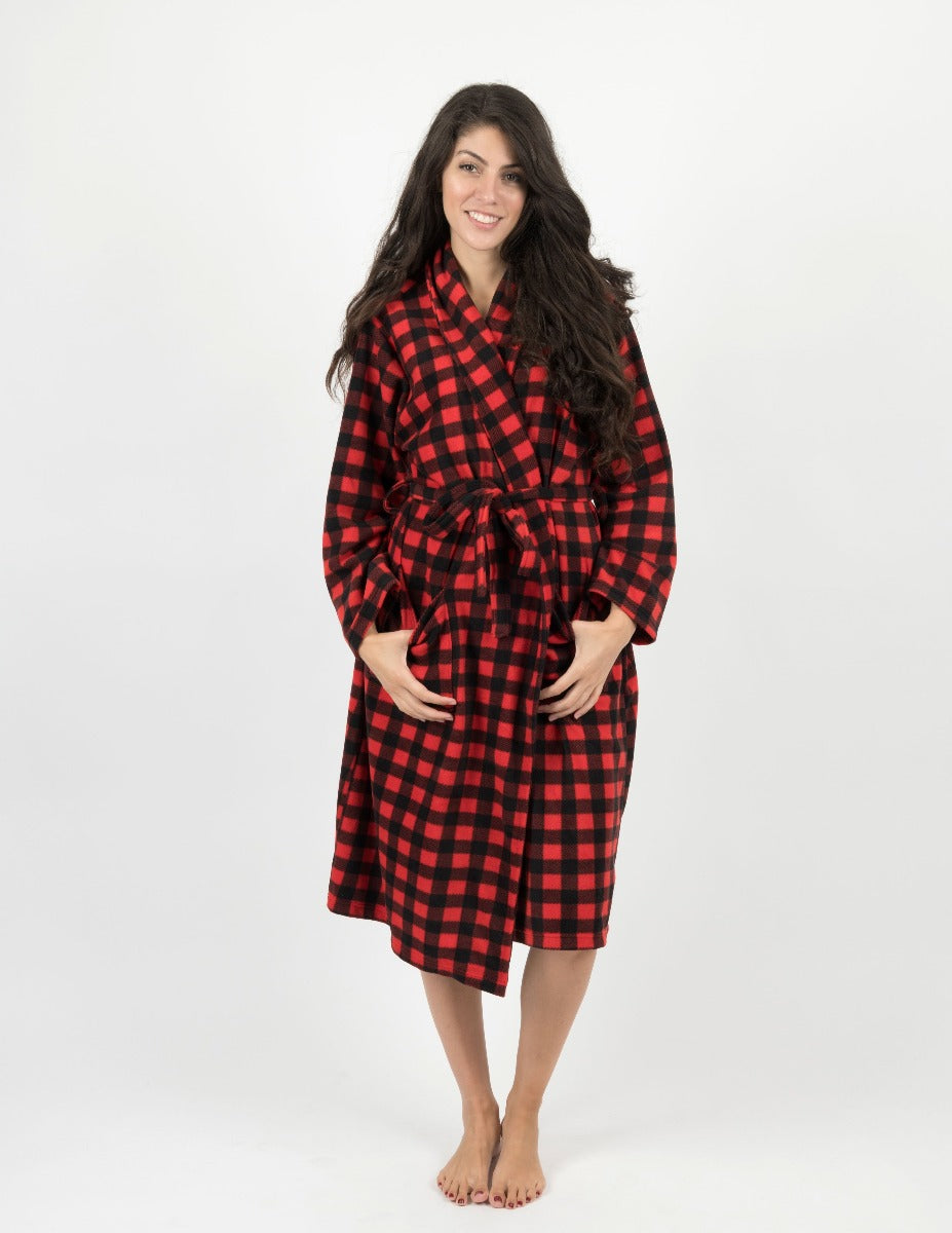 Cozy Women's Red & Black Plaid Fleece Robe - Soft Warm Winter Bathrobe for Relaxing at Home, Spa Days & Lounging