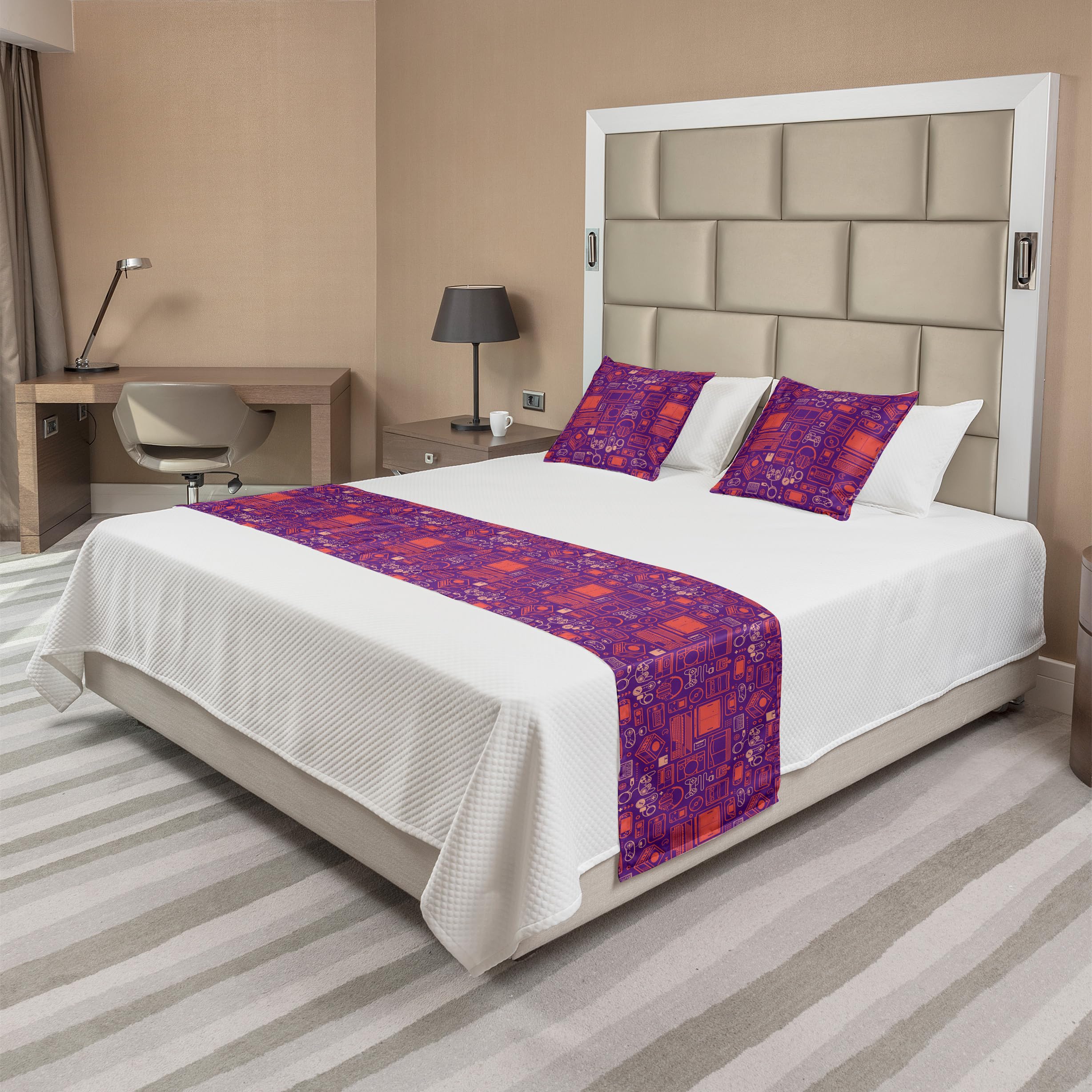 Ambesonne Gaming Bed Runner Set - Vintage Video Game Console Design with 2 Pillow Shams, Queen Size Purple Burnt Sienna Bedding Scarf for Gamers | Perfect for Gaming Rooms, Teen Bedrooms & Game-Themed Hotels