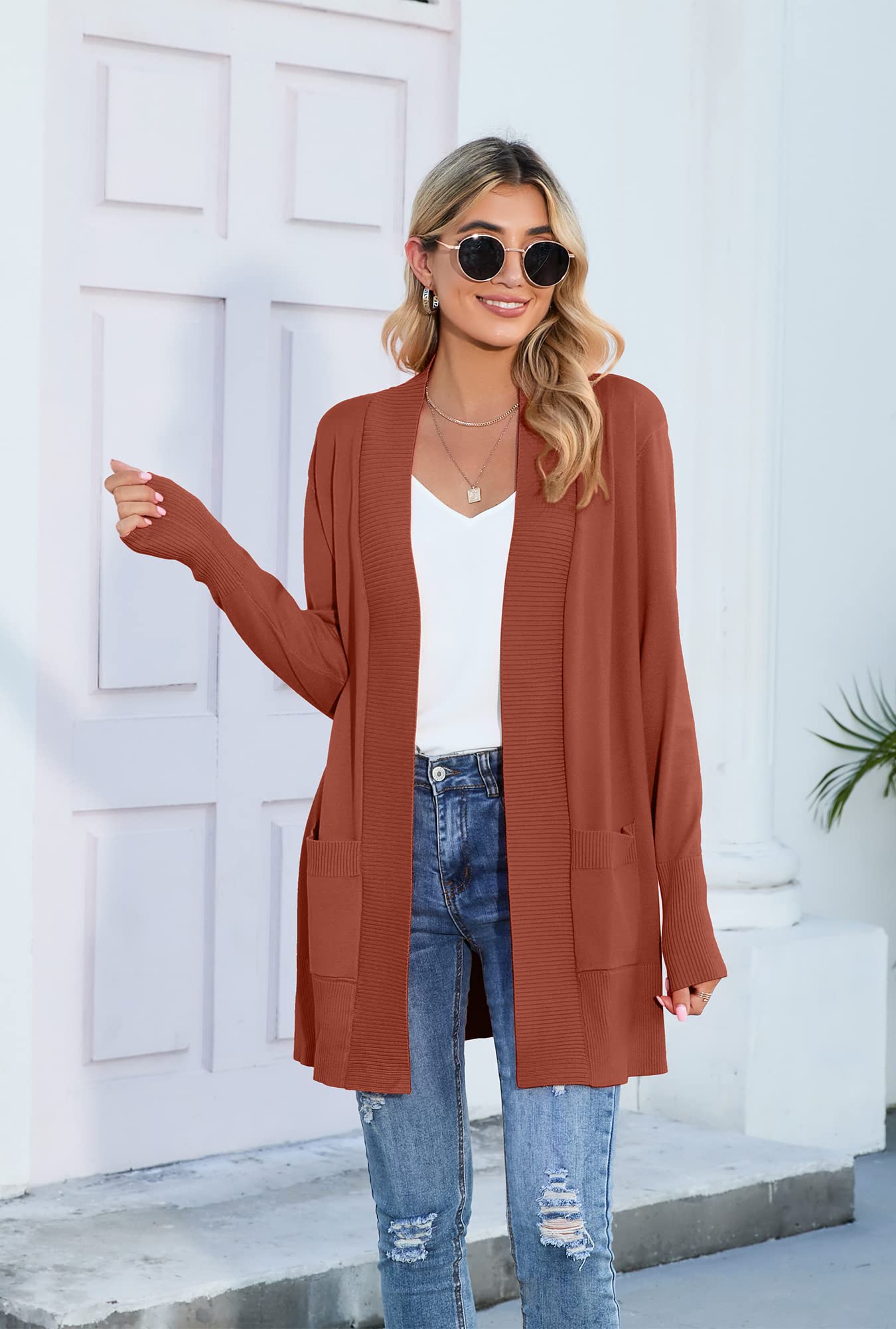 SUEANI Women's Open Front Long Sleeve Knit Cardigan with Pockets - Casual Classic Sweater for Fall & Winter - Perfect for Office, Coffee Dates & Cozy Evenings