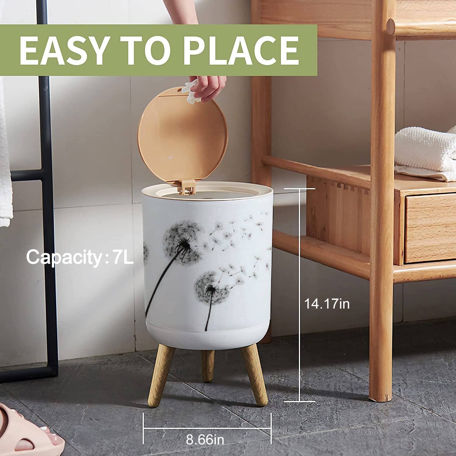 Small Trash Can with Lid - 1.8 Gallon Round Waste Bin with Press Cover, Abstract Dandelion Design, Dog Proof Garbage Bin for Kitchen, Bathroom, Living Room - Perfect for Home, Office & Dorm Use