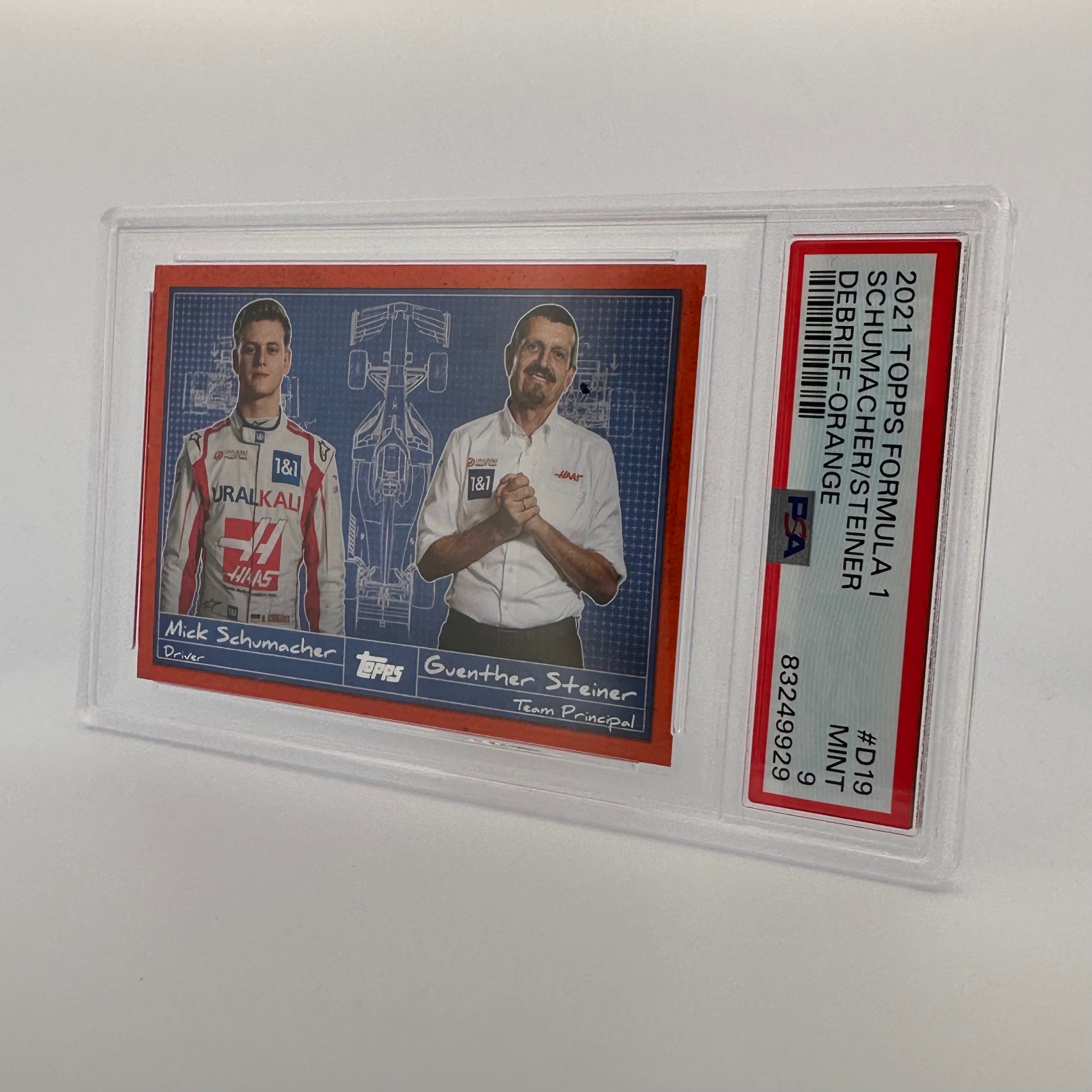 PSA 9 Graded 2/25 Mick Schumacher & Guenther Steiner F1 Debrief #D19 Orange - Perfect for F1 Collectors & Motorsport Fans Display