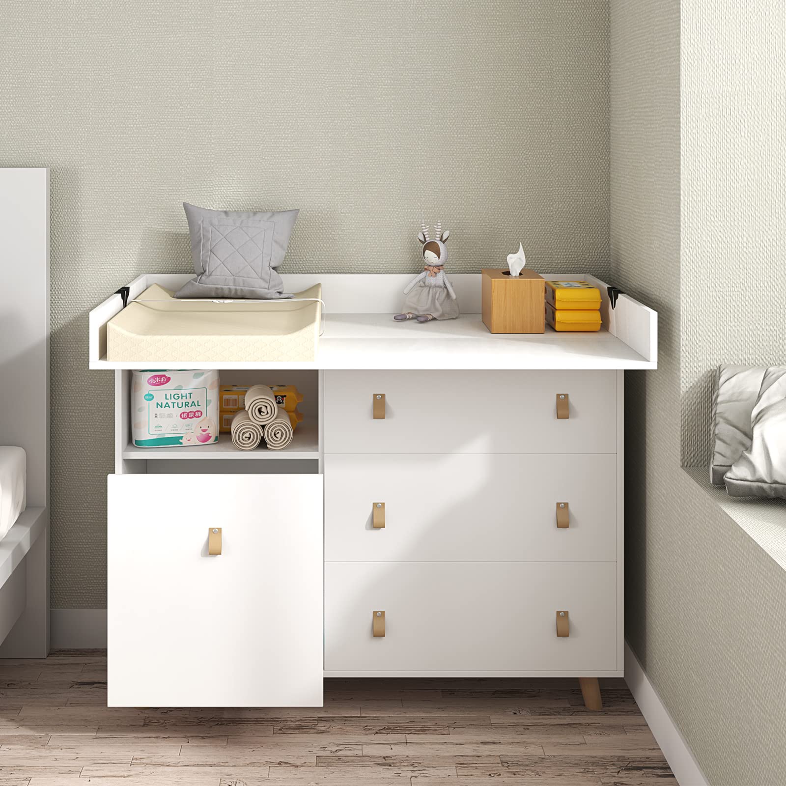 White Baby Changing Table with Drawers & Guardrail - Nursery Dresser Organizer, Foldable Diaper Station with Hidden Trash Storage - Perfect for Newborn Care & Nursery Organization