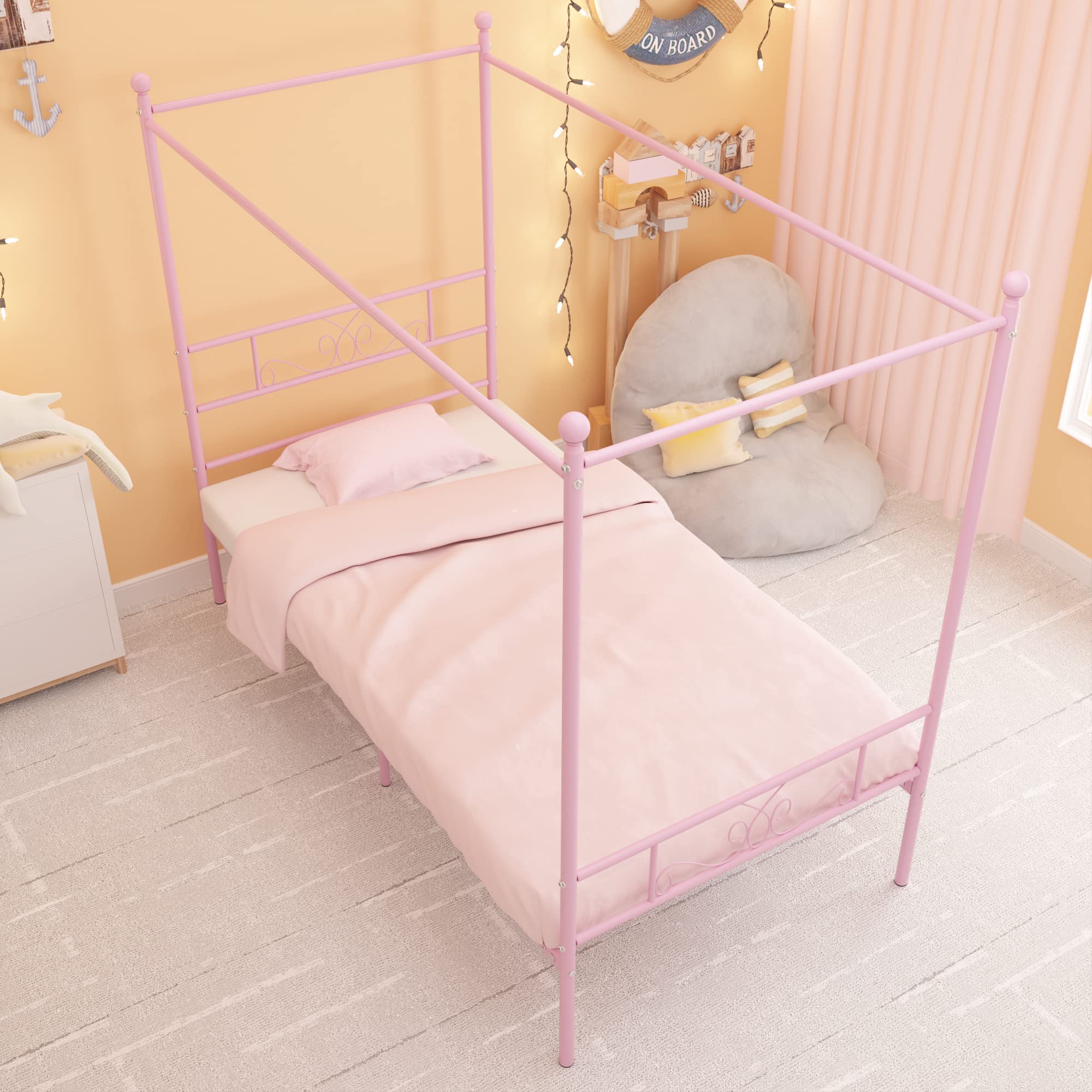 Weehom Twin Canopy Bed Frame with Headboard and Footboard - 4 Poster Metal Bed Frame for Kids & Adults - No Box Spring Needed - Sturdy Mattress Foundation Platform Bed in Pink - Perfect for Bedrooms, Guest Rooms & Dorm Decor