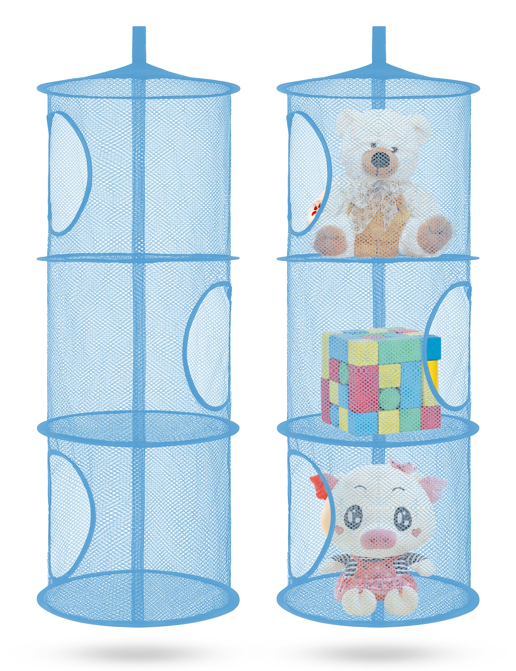 Libeder Mesh Hanging Storage Organizer - Foldable 3-Compartment Space Saver Bags for Toys, Clothes & Accessories | Perfect for Kids Room, Bathroom & Closet Organization (2-Pack, Blue) | Ideal for Small Space Storage & Travel Packing