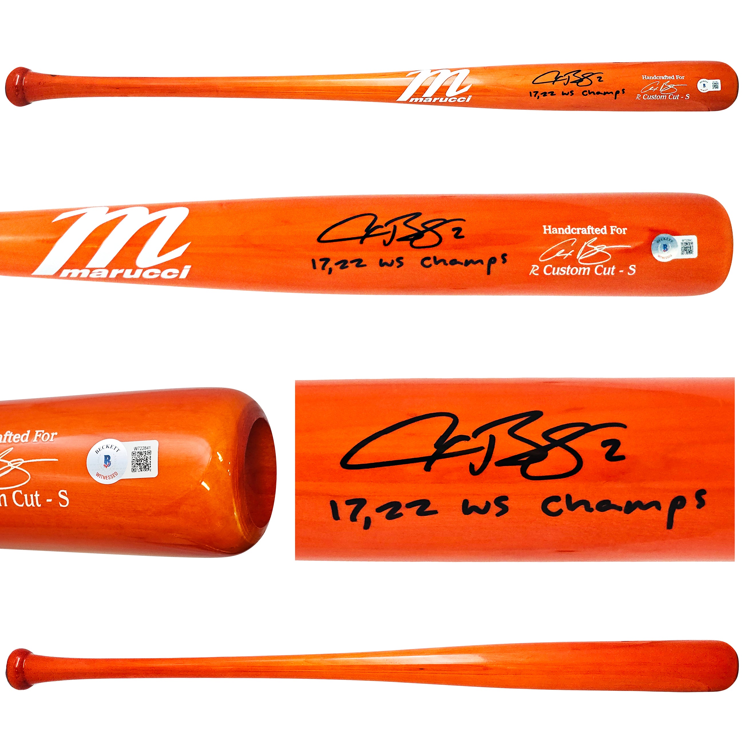 Alex Bregman Autographed Houston Astros Orange Marucci Player Model Bat - 2017 & 2022 World Series Champion - Beckett BAS Certified (Stock #220443) - Perfect for Baseball Memorabilia Collections, Fan Gifts, and Sports Display Cases