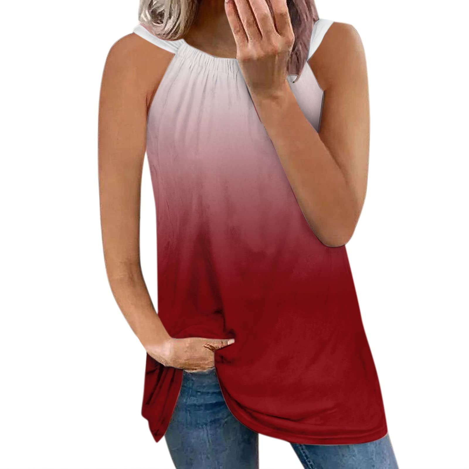 Women's Casual Sleeveless Strap Tank Top - Blue Gray Red Gradient Color Print Camisole for Workout & Summer Wear | Breathable Comfort Fit for Gym, Yoga, and Daily Fashion