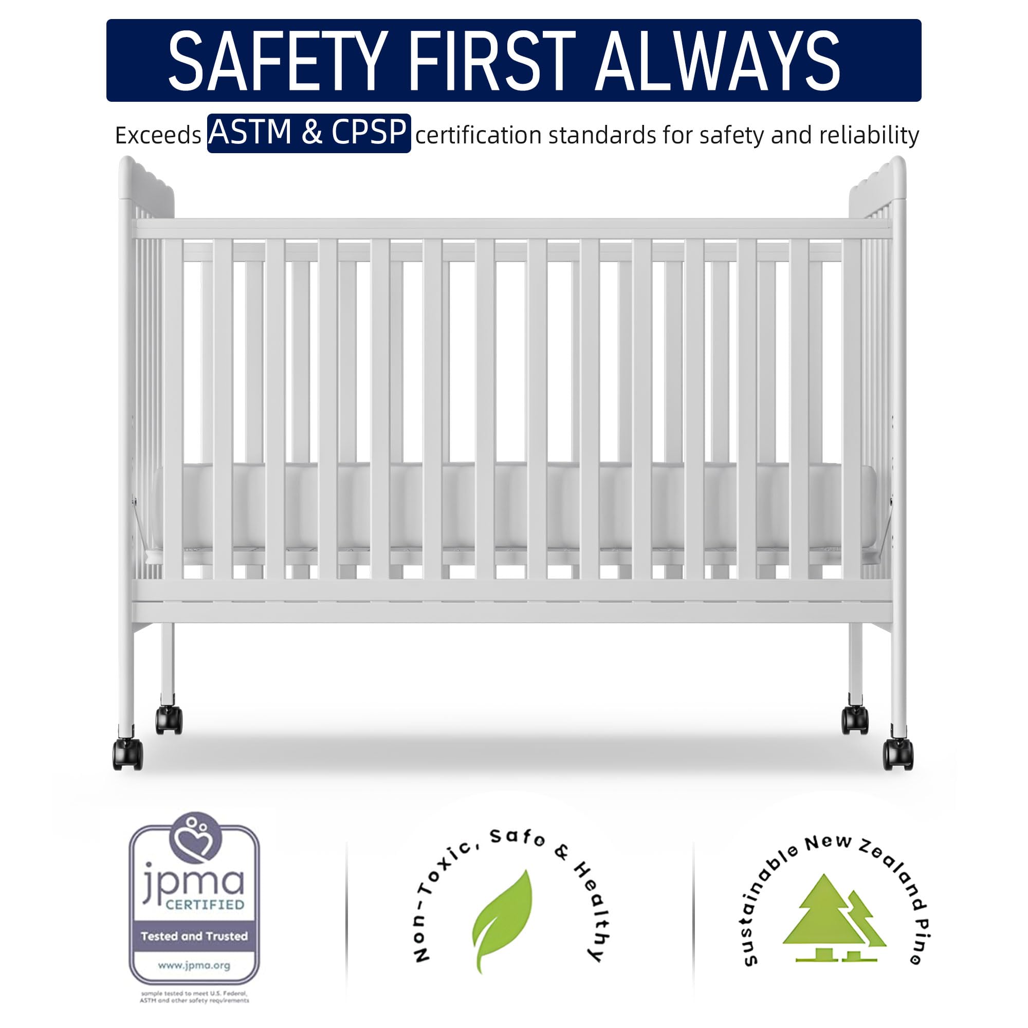Convertible Baby Crib 3-in-1 Wooden Toddler Bed with Locking Wheels | Full Size Nursery Furniture | Non-Toxic White Finish | Perfect for Newborns, Infants & Growing Toddlers | Safe Sleeping Solution for Daycare & Home Nursery