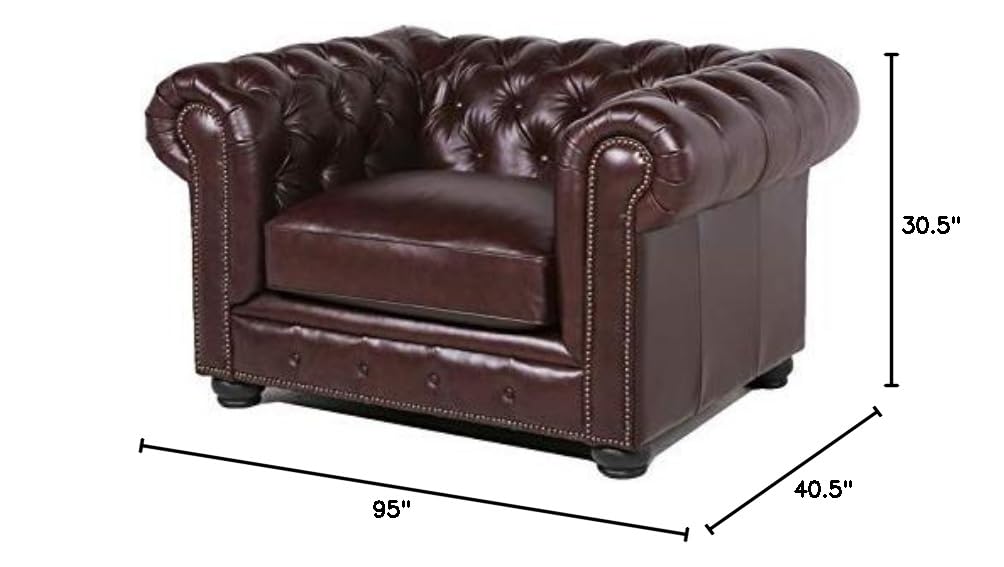 Luxury Brown Leather Chesterfield Accent Chair and Sofa 2-Piece Set for Living Room - Classic Home Square Furniture for Office, Lounge & Library Decor