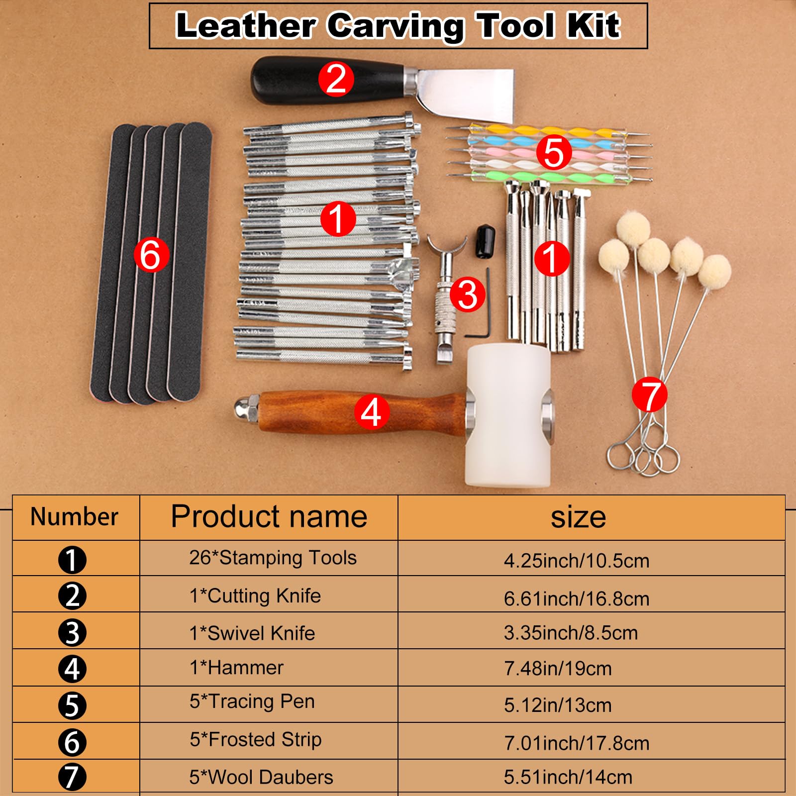 Premium Leather Stamping Tools Kit - Professional Leather Carving & Saddle Making Set with Swivel Knife, Working Hammer, Cutting Tools & Wool Daubers | Perfect for DIY Leather Crafting, Belt Making & Wallet Design Projects