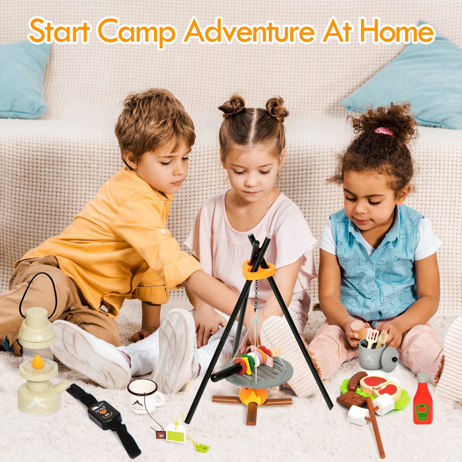 UMI Kids Camping Toys Set - Wooden Pretend Play Campfire & Cutting Food Playset for Play Kitchen, Indoor Outdoor Camping Gear for Toddlers Boys Girls Ages 3-8 - Perfect for Pretend Play, Birthday Gifts & Outdoor Adventure Learning