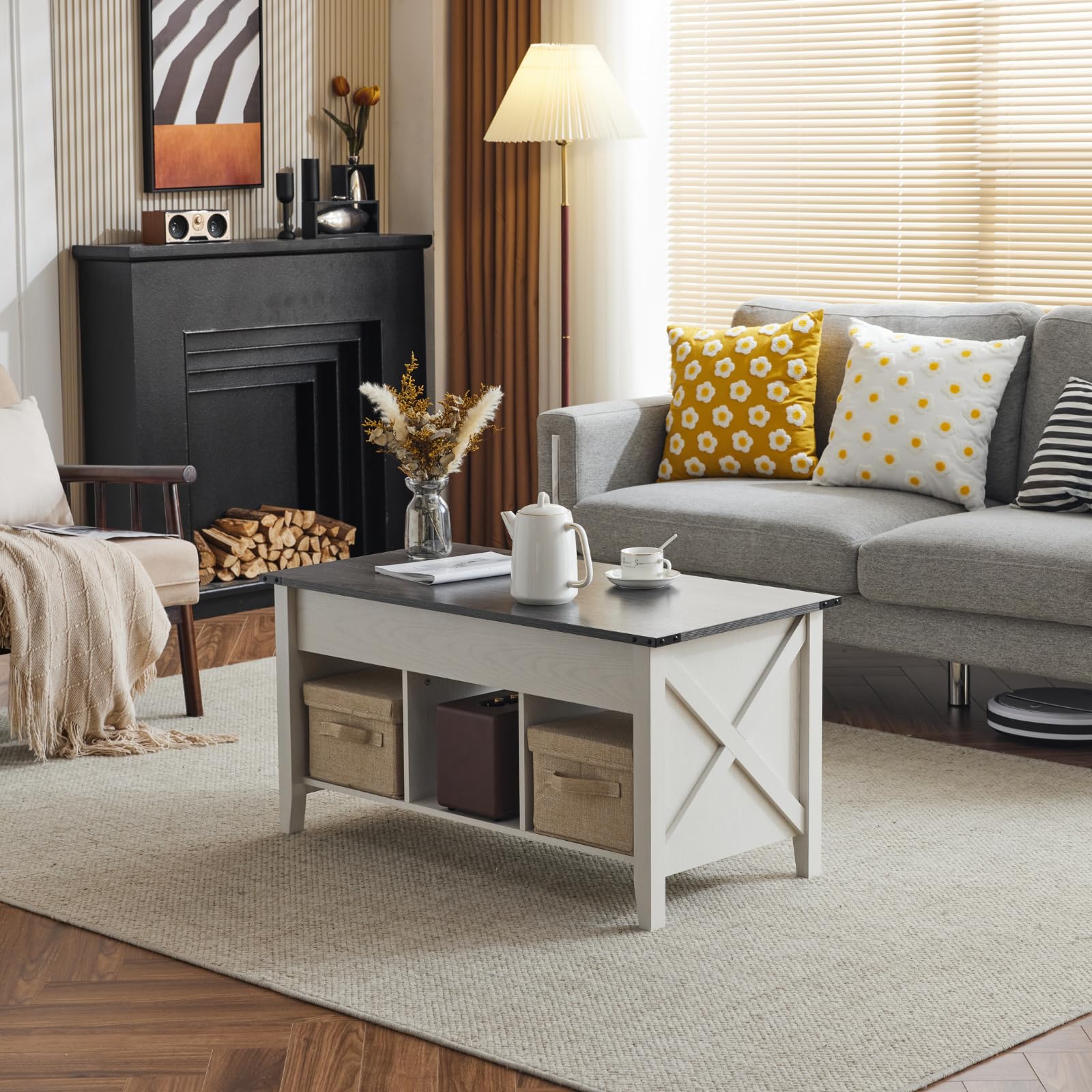 VINGLI Lift Top Coffee Table with Storage Shelf - Farmhouse Cross-Sided Design, Charcoal Top & White Frame, Hidden Compartment, Gas Lift Mechanism - Perfect for Living Room, Office, or Small Space Organization