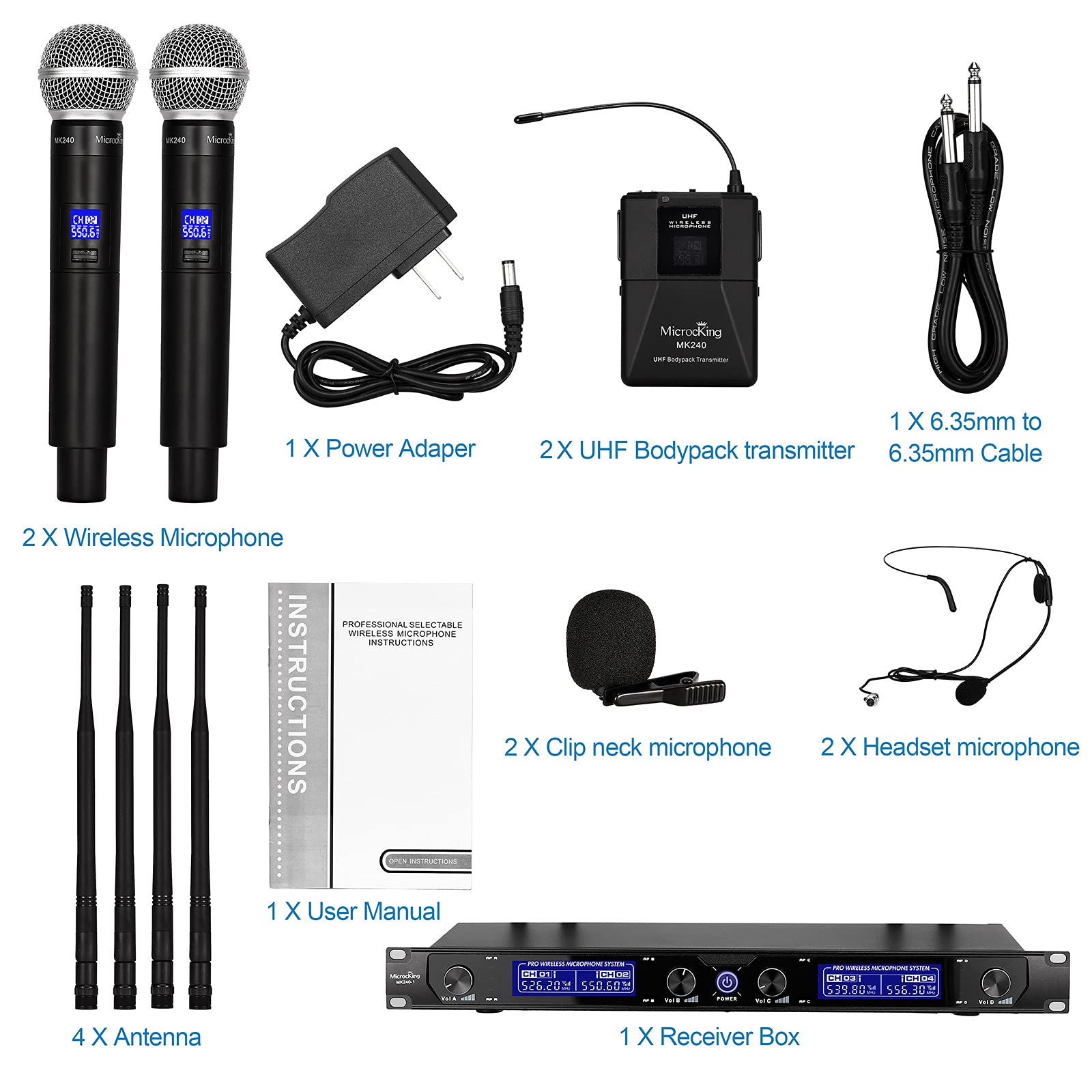 MicrocKing Professional UHF Wireless Microphone System - 2 Handheld Mics & 2 Lavalier Bodypacks, Metal Construction, Fixed Frequency, Long Range (300ft) - Perfect for Karaoke, Parties, Weddings, Concerts, Church Events & Public Speaking