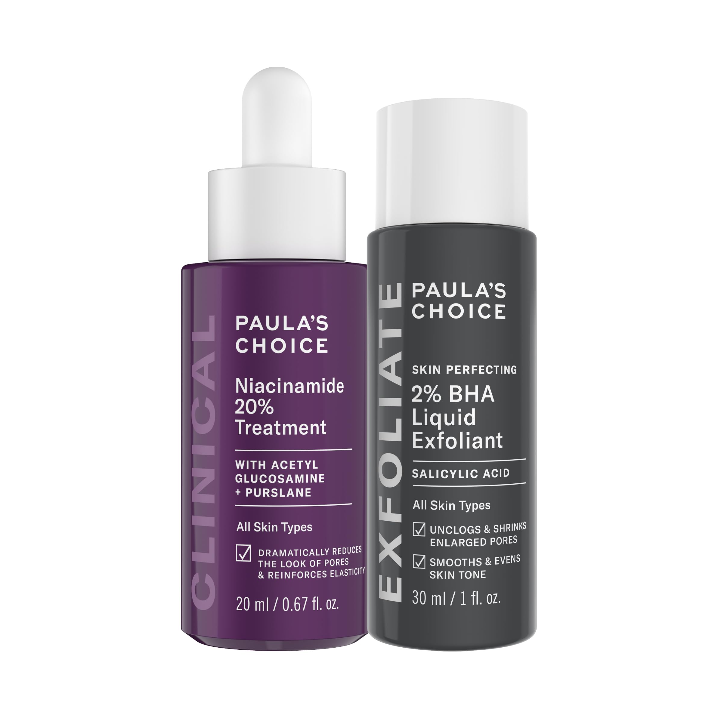 Paula’s Choice CLINICAL 20% Niacinamide Serum & 2% BHA Salicylic Acid Exfoliant Duo Set - Brightening, Pore Minimizing & Acne Treatment - Perfect for Travel & Daily Skincare Routine