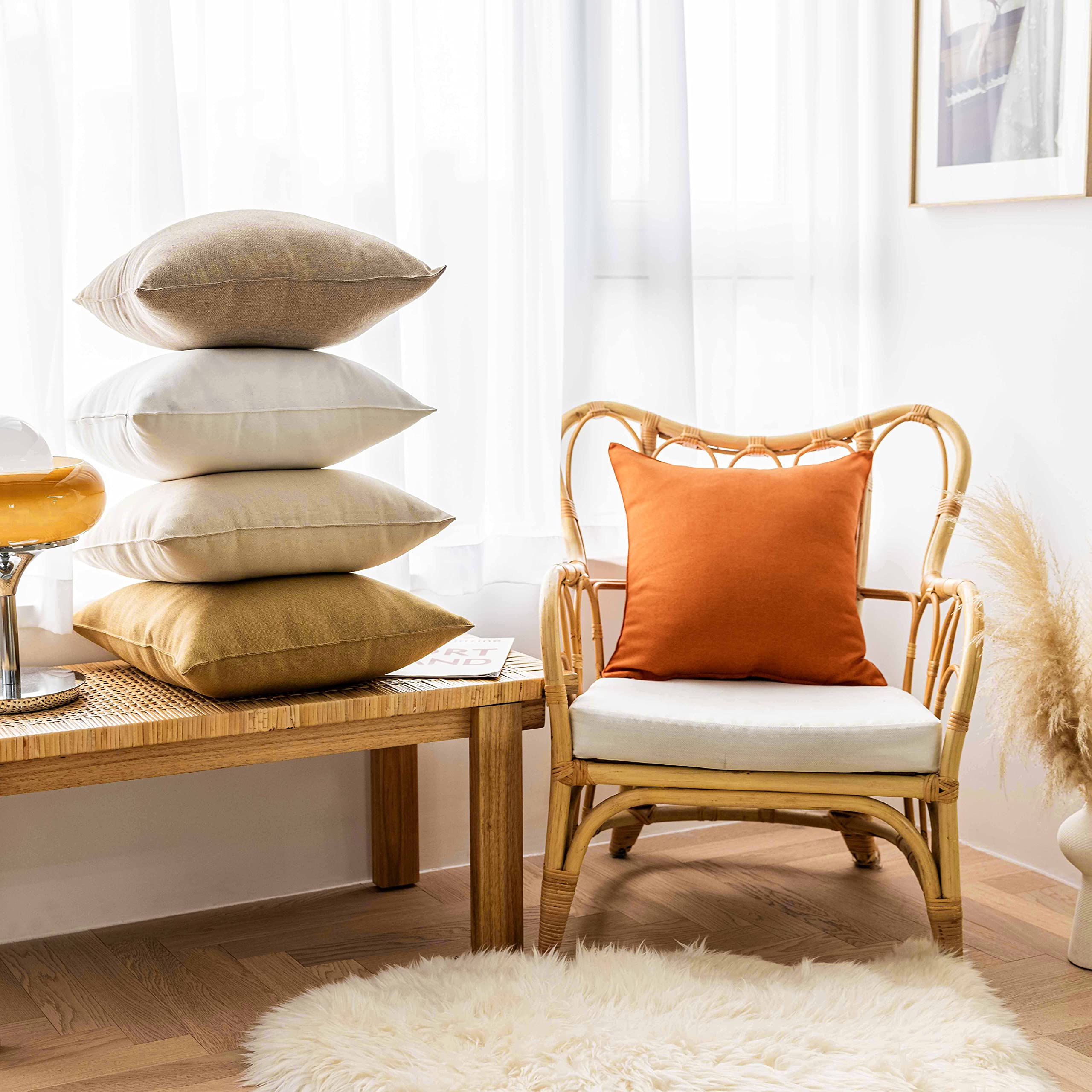 16x16 Outdoor Pillow Covers Set of 4 - Sunbrella Burlap Yellow Mustard Throw Pillow Covers for Patio, Garden & Porch - Weather-Resistant Decorative Cushion Covers for Outdoor Furniture