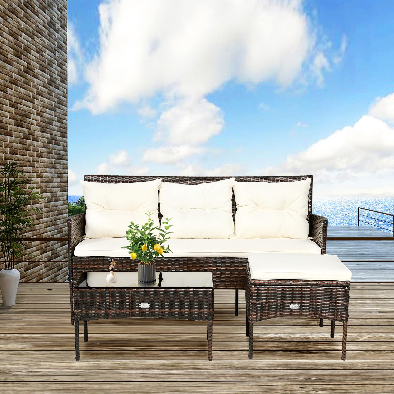 RELAX4LIFE 3-Piece Outdoor Patio Furniture Set with Rattan Wicker Sectional Sofa, 5 Comfortable Cushions & Tempered Glass Coffee Table - Perfect for Poolside, Garden, Balcony or Backyard (Beige & Brown)