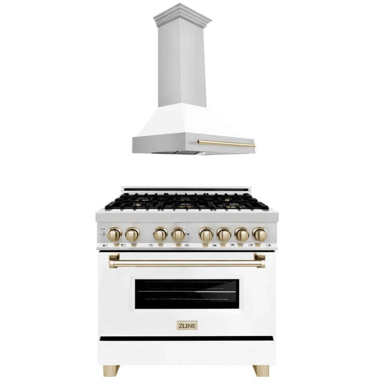 ZLINE Autograph Edition 36-inch Stainless Steel Dual Fuel Range with White Matte Door & Range Hood - Polished Gold Accents | Professional Kitchen Upgrade for Home Chefs & Modern Cooking Enthusiasts