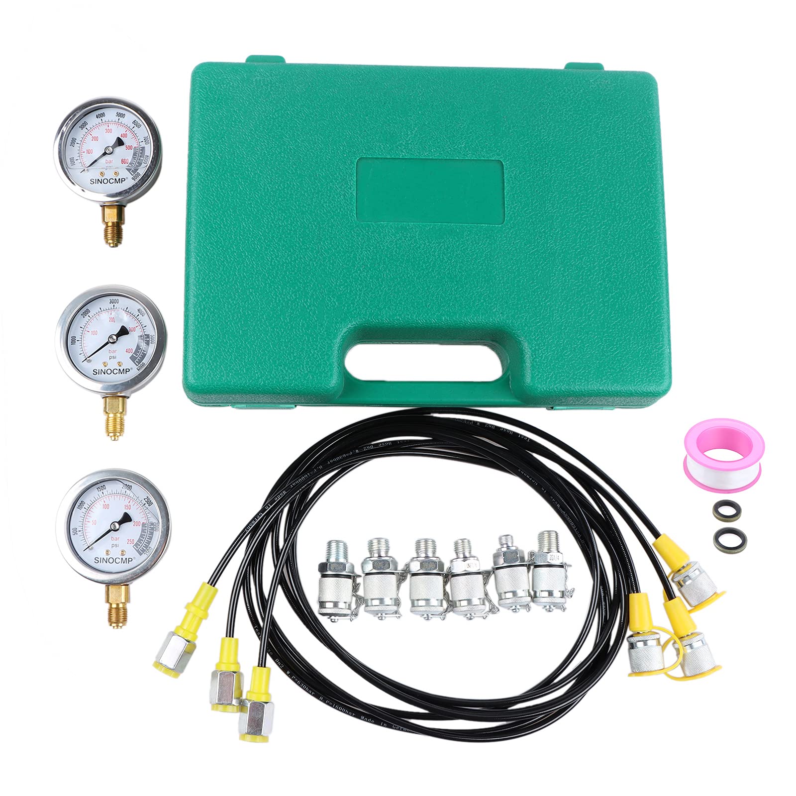 SINOCMP Hydraulic Pressure Testing Kit for Excavators - Professional Hydraulic Tester with Pressure Gauge - Compatible with Most Excavator Brands (CAT, Komatsu, Hitachi) - Ideal for Construction Site Maintenance & Equipment Diagnostics