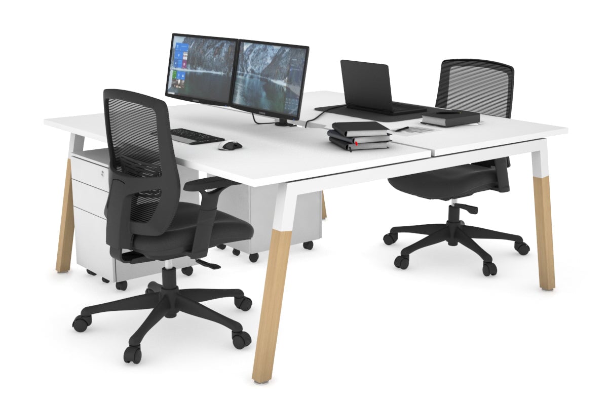 Quadro A Legs 2-Person Office Workstation with Wood Legs & Cross Beam - 1200L x 800W with Cable Management Scallop | Perfect for Shared Workspaces & Home Offices