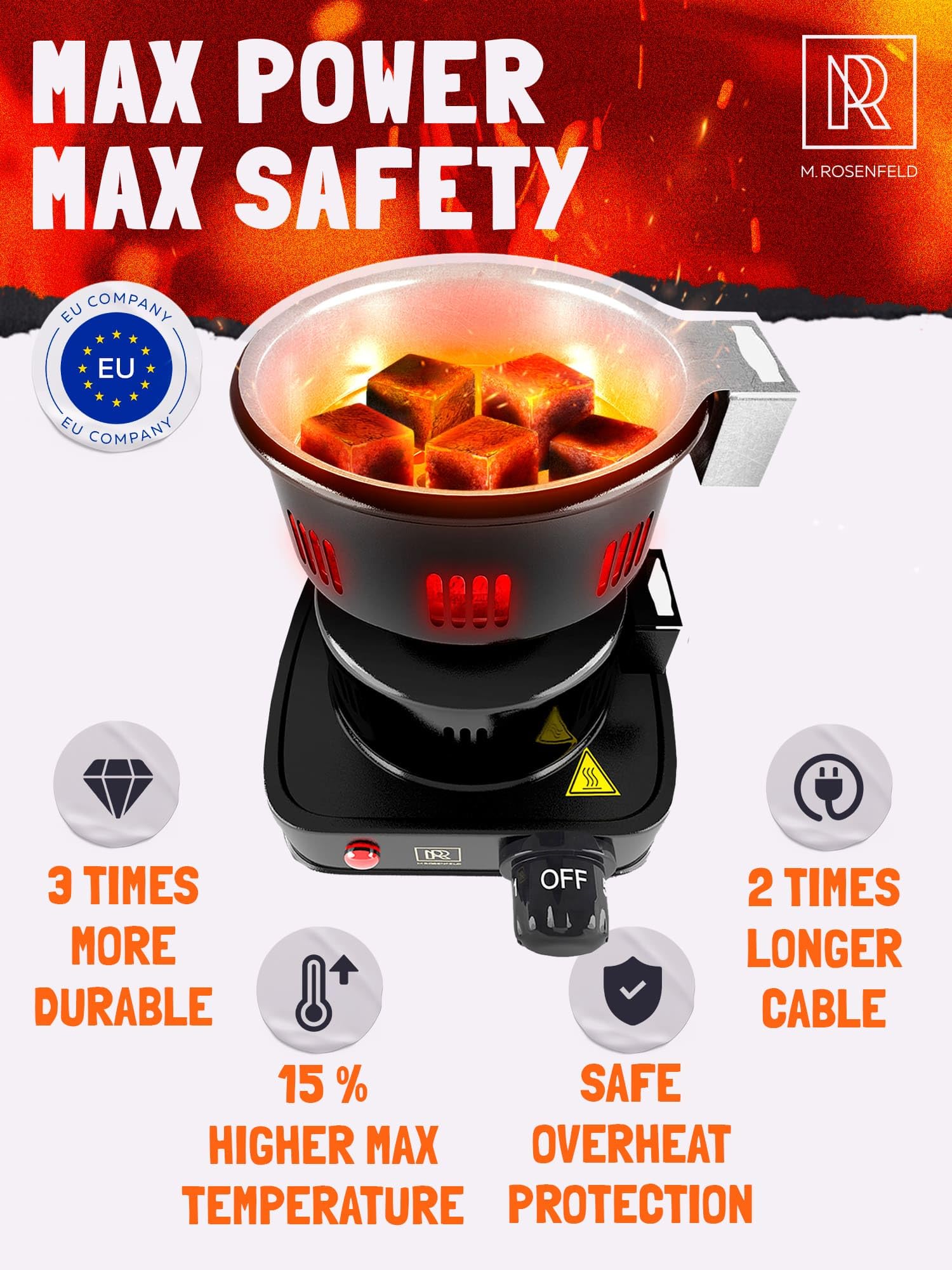450W Electric Charcoal Starter - Fast & Safe Coconut Coal Lighter with Stainless Steel Tongs - Approved for Electric Stoves & Indoor/Outdoor BBQ, Camping, Smoking, Grilling
