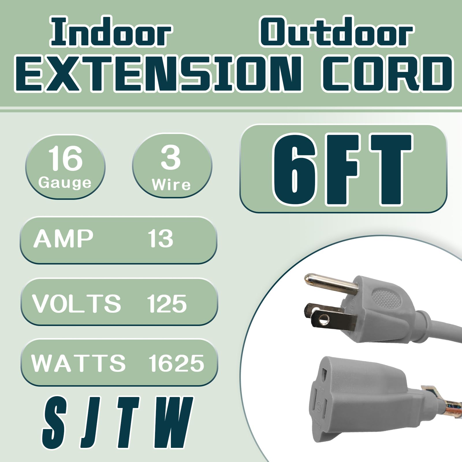 16/3 SJTW Heavy Duty Extension Cord 6 FT - 13 AMP Weatherproof Indoor/Outdoor Power Cable, 3 Prong White Electrical Cord - Perfect for Garden, Landscaping, Holiday Lights & Home Appliances (2 Pack)
