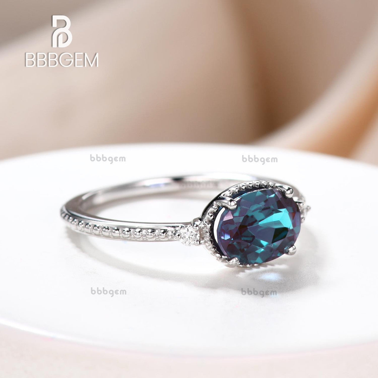 Milgrain Alexandrite Engagement Ring in Rose Gold - East to West Three Stone Ring for Women | Perfect for Weddings, Anniversaries & Proposals