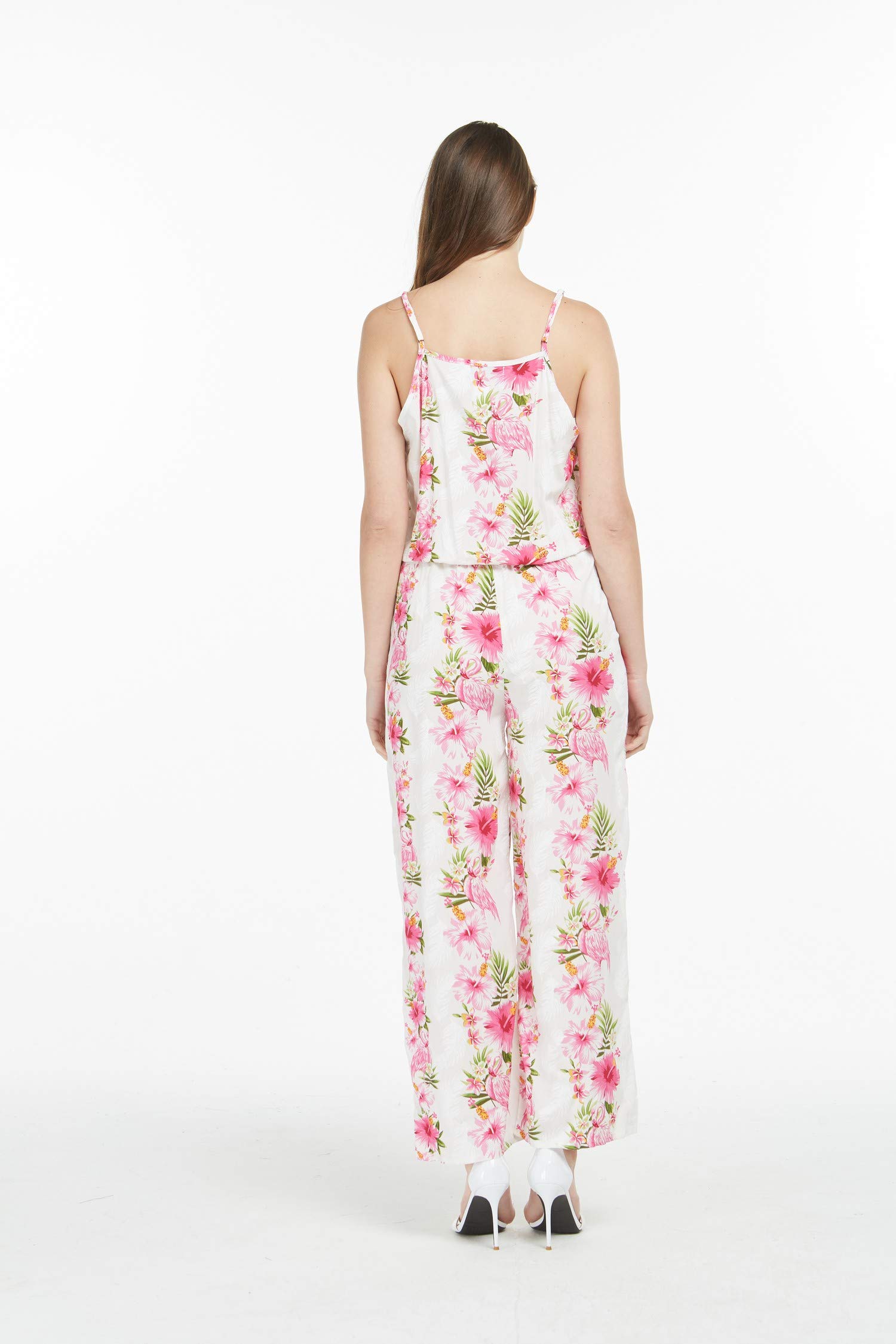 Women's Floral Print Hawaiian Jumpsuit with Pockets - Strappy V-Neck Romper in Pink Hibiscus Design | Beach Vacation, Summer Outfit, Tropical Party Wear