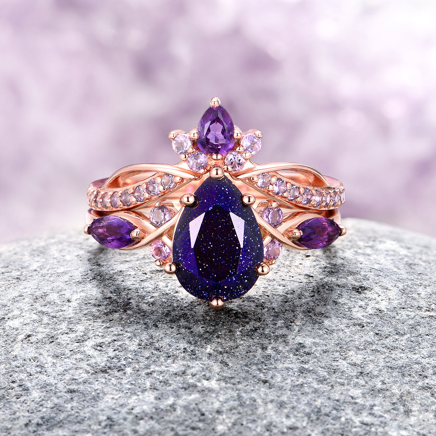 Feyra Starry Night & Amethyst Ring Set - 14K Rose Gold Vermeil Jewelry for Women, Elegant Stackable Rings for Daily Wear, Gift for Her, Anniversary & Valentine's Day