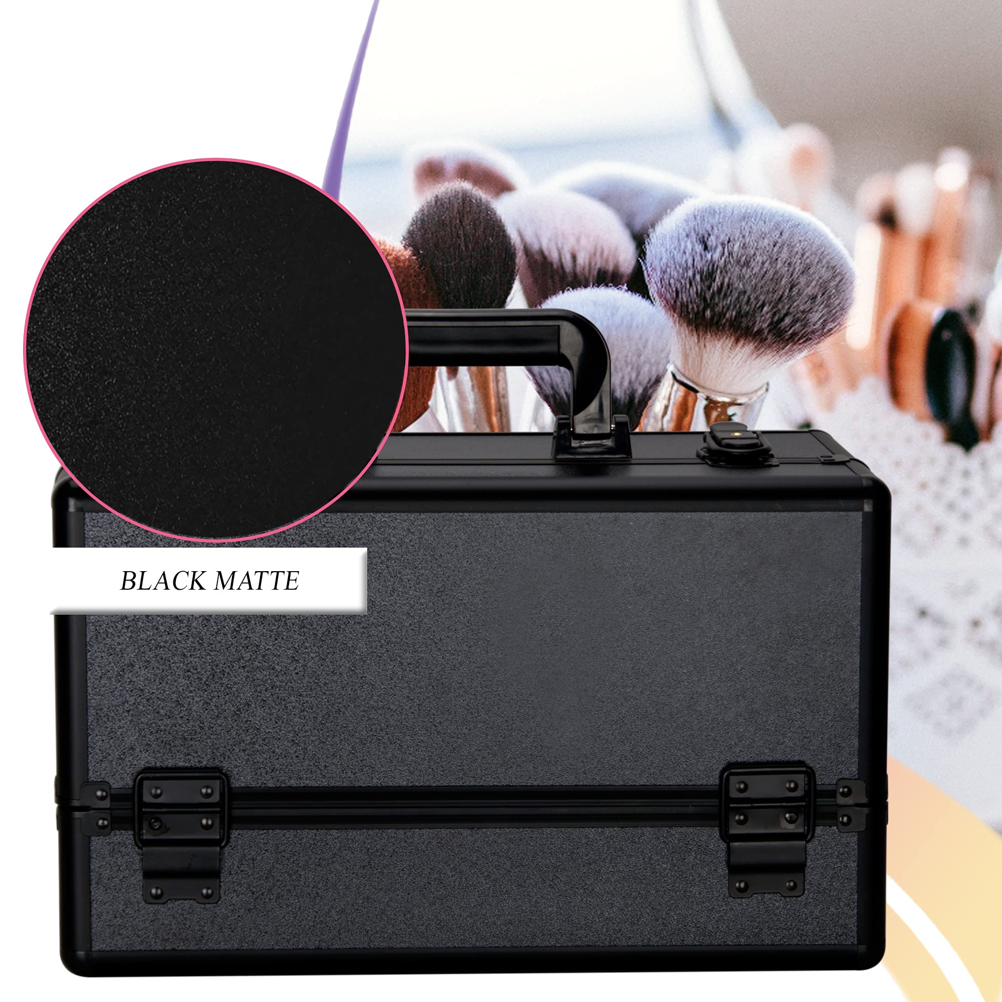 Ver Beauty Makeup Organizer - 6-Tier Lockable Cosmetic Storage Box with Aluminum Case | Professional Makeup Artist Supplies & Travel Vanity Kit | Lightweight Portable Makeup Train Case (Black) | Perfect for Salon, Home Use & On-the-Go Touchups